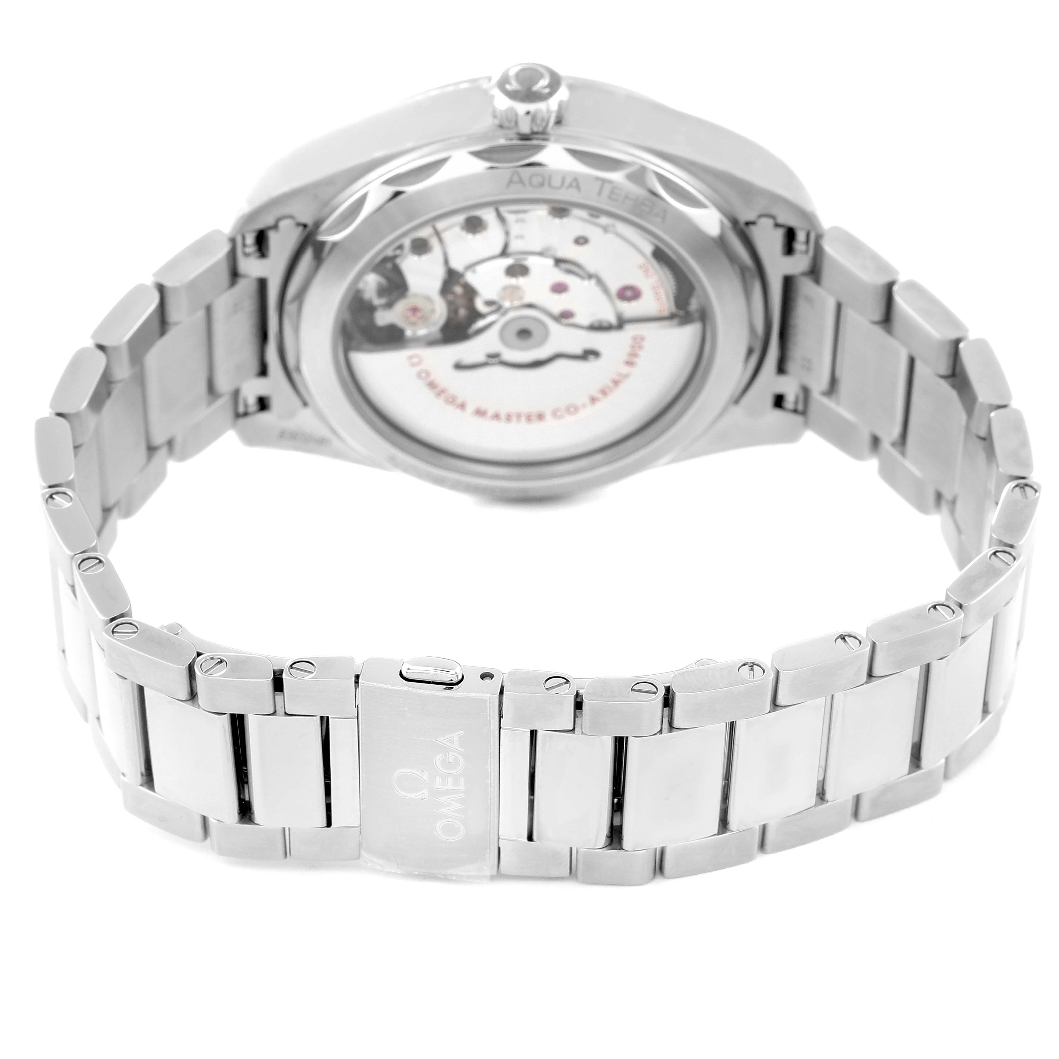 The image shows the back view of the Omega Aqua Terra 220.10.41.21.10.001 Men's Stainless Steel Green Dial 220.10.41.21.10.001 Men's Stainless Steel Green Dial watch, highlighting the movement and bracelet.