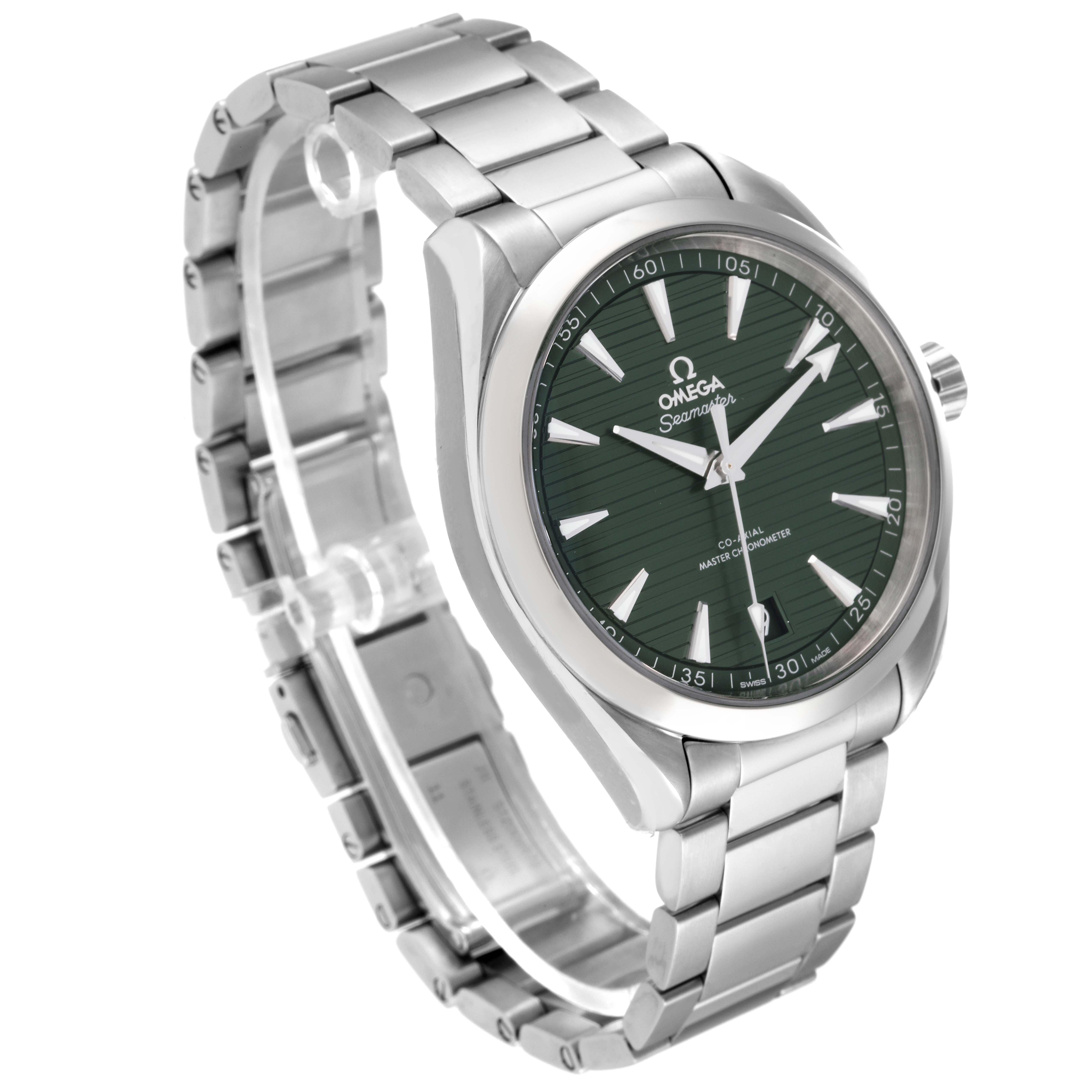 The Omega Aqua Terra 220.10.41.21.10.001 Men's Stainless Steel Green Dial 220.10.41.21.10.001 Men's Stainless Steel Green Dial watch is shown in a three-quarter angle, highlighting its green dial and stainless steel bracelet.
