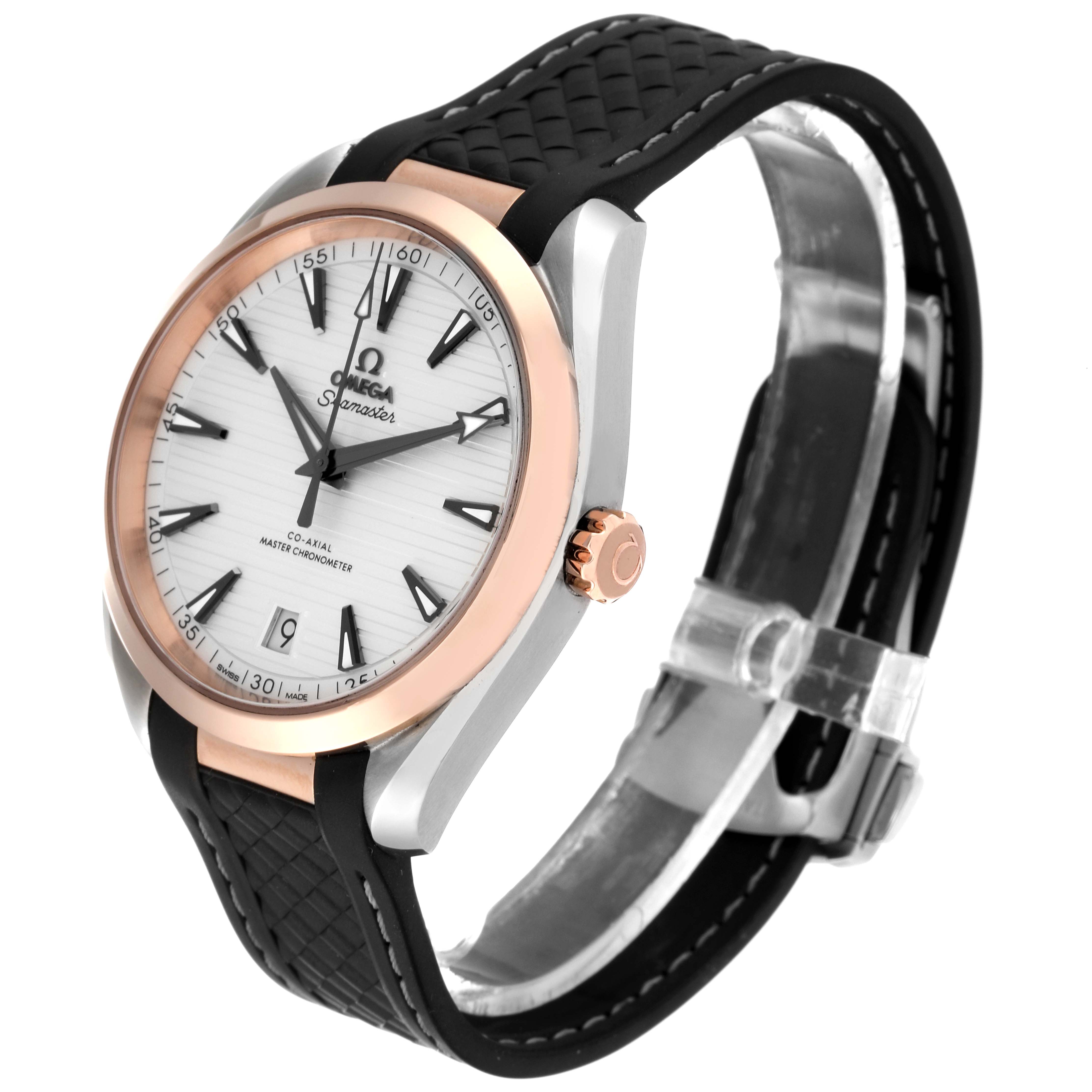 This image shows a side angle of the Omega Aqua Terra 220.22.41.21.02.001 Men
s Steel and Gold (two tone) Silver Dial 220.22.41.21.02.001 Men
s Steel and Gold (two tone) Silver Dial watch, highlighting the watch face, bezel, crown, and strap.