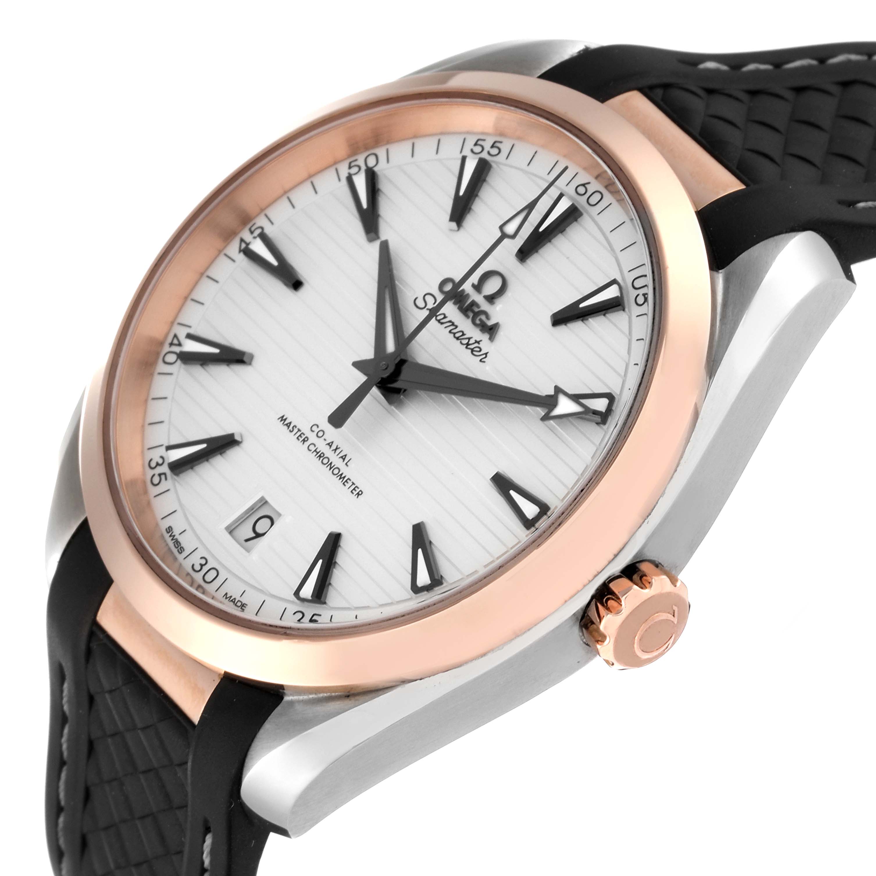 The image shows an angled side view of an Omega Aqua Terra 220.22.41.21.02.001 Men
s Steel and Gold (two tone) Silver Dial 220.22.41.21.02.001 Men
s Steel and Gold (two tone) Silver Dial watch, highlighting the dial, bezel, crown, and strap.