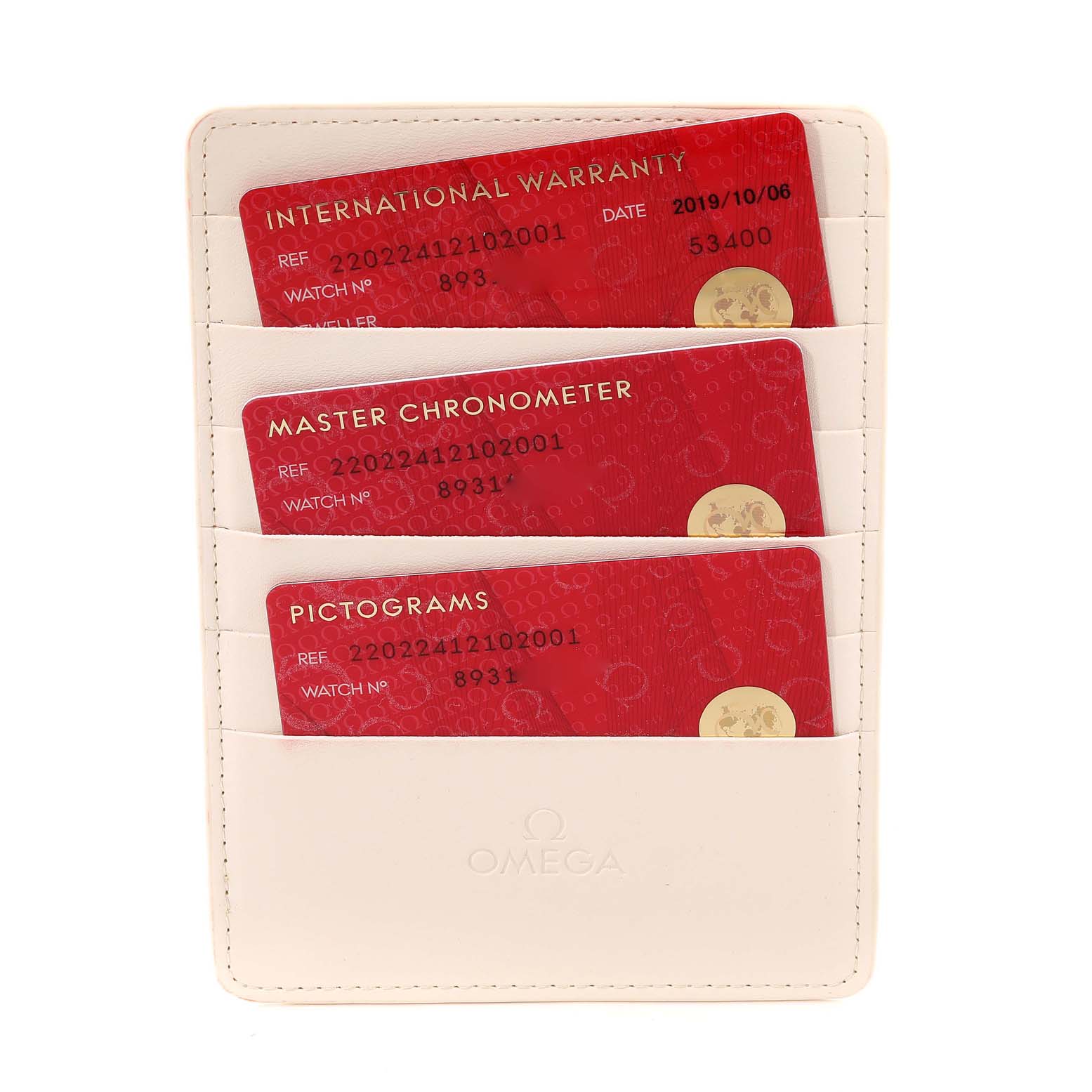 The image shows warranty and certification cards for the Omega Aqua Terra 220.22.41.21.02.001 Men
s Steel and Gold (two tone) Silver Dial 220.22.41.21.02.001 Men
s Steel and Gold (two tone) Silver Dial model, presented in a beige holder.