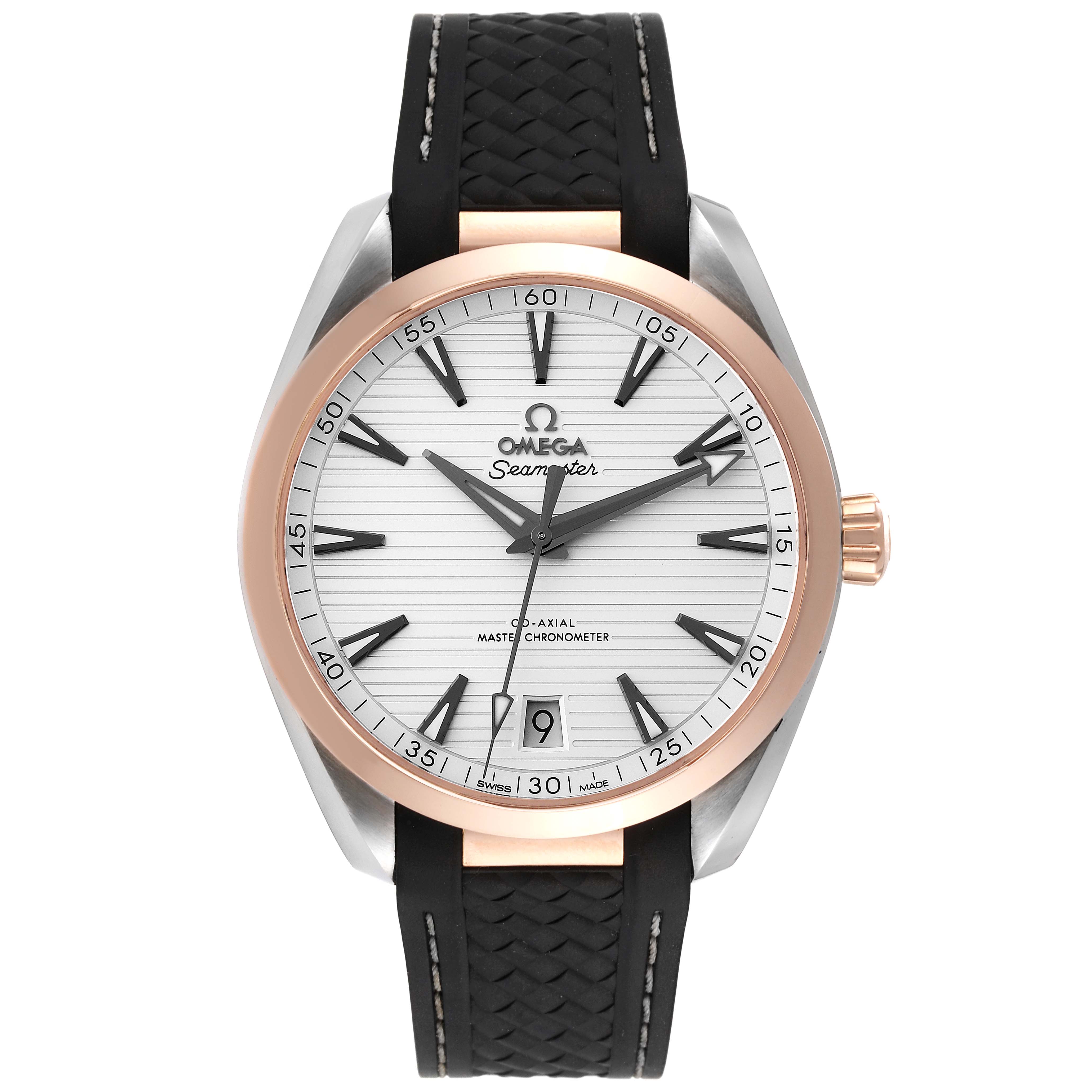 The Omega Aqua Terra 220.22.41.21.02.001 Men
s Steel and Gold (two tone) Silver Dial 220.22.41.21.02.001 Men
s Steel and Gold (two tone) Silver Dial watch is shown from the front, displaying its face, bezel, and strap.