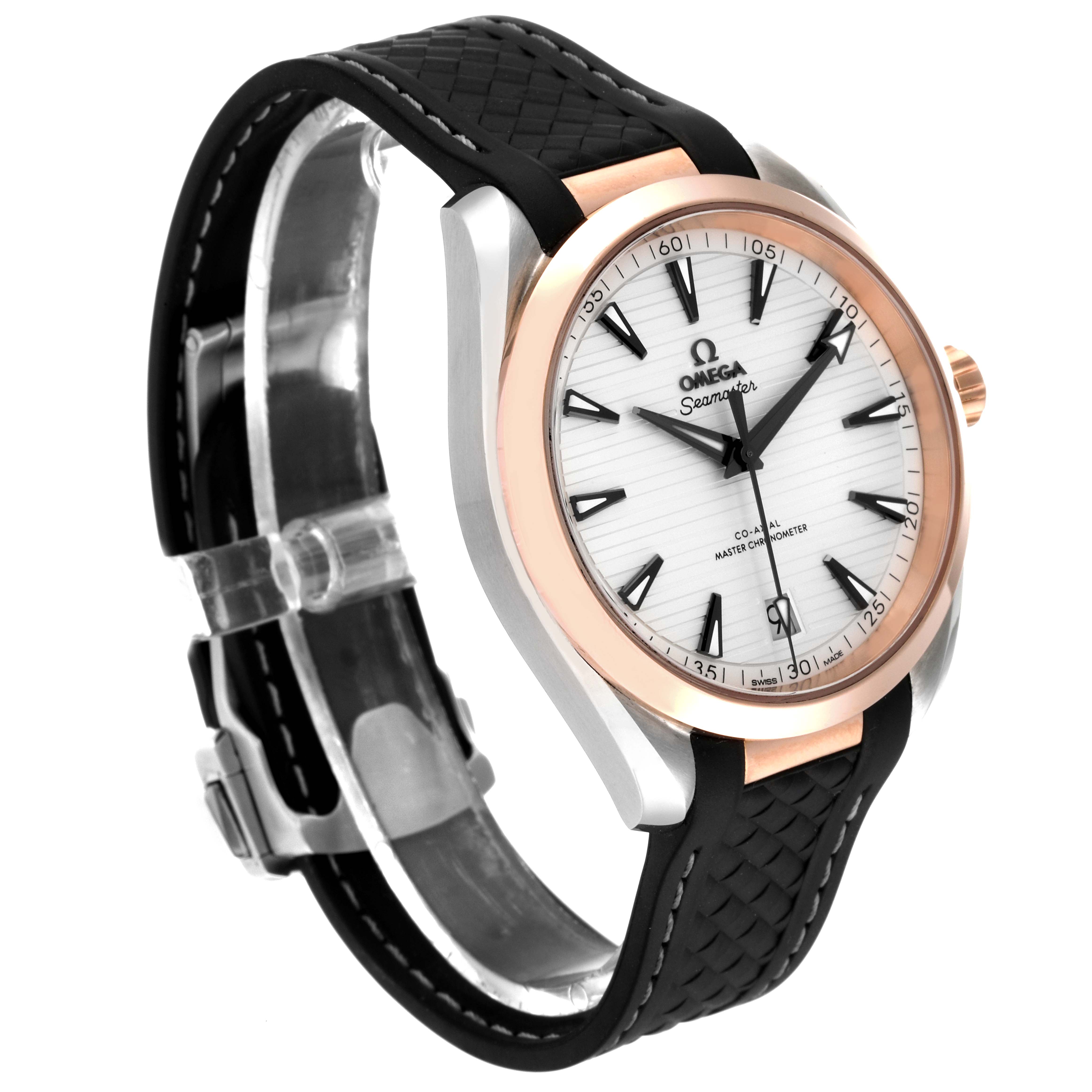 The Omega Aqua Terra 220.22.41.21.02.001 Men
s Steel and Gold (two tone) Silver Dial 220.22.41.21.02.001 Men
s Steel and Gold (two tone) Silver Dial watch is shown at an angle displaying its face, bezel, black strap, and partially open clasp.