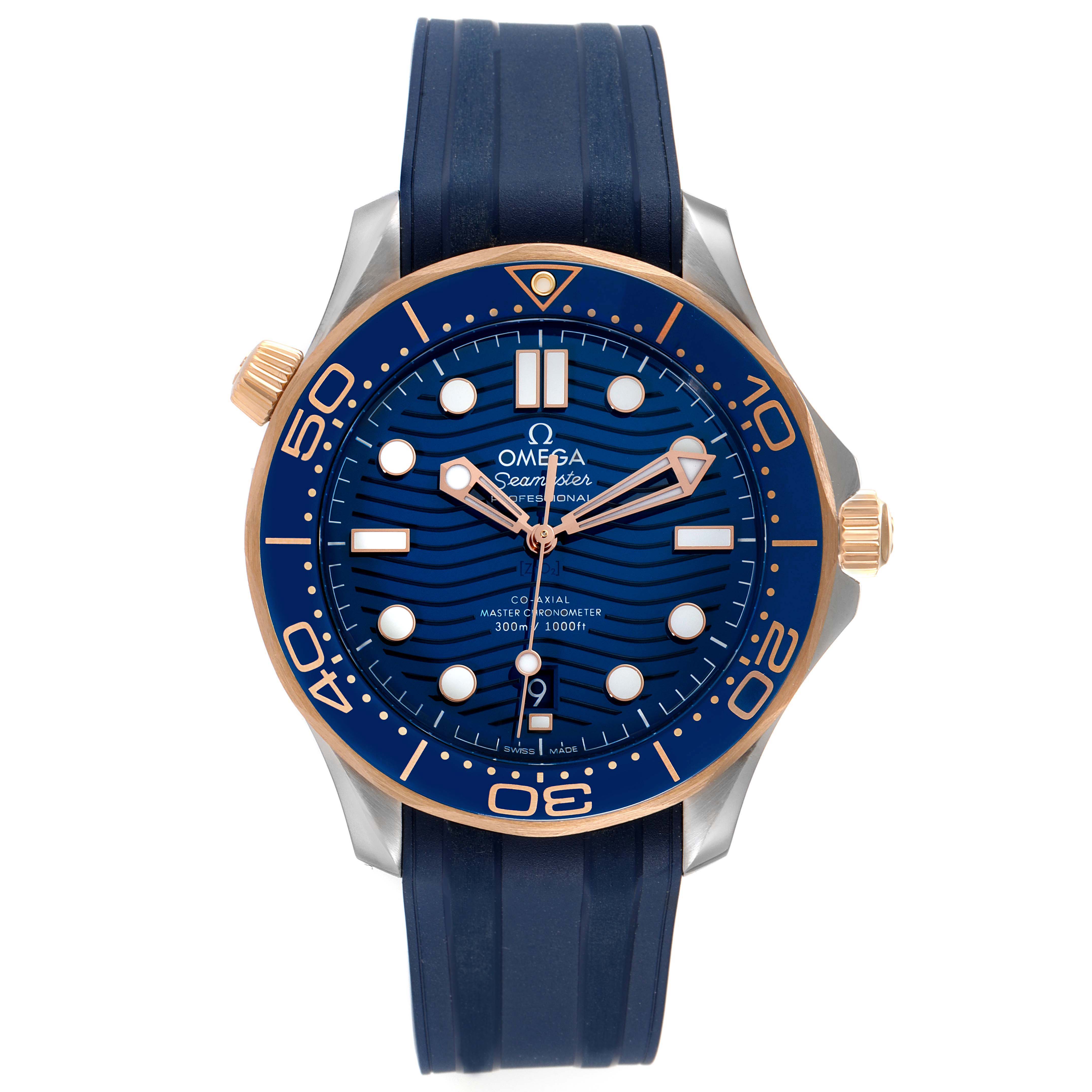 This image shows a front view of an Omega Seamaster 210.22.42.20.03.002 Men's Steel and Gold (two tone) Blue Dial 210.22.42.20.03.002 Men's Steel and Gold (two tone) Blue Dial watch with its blue dial, bezel, and strap visible.
