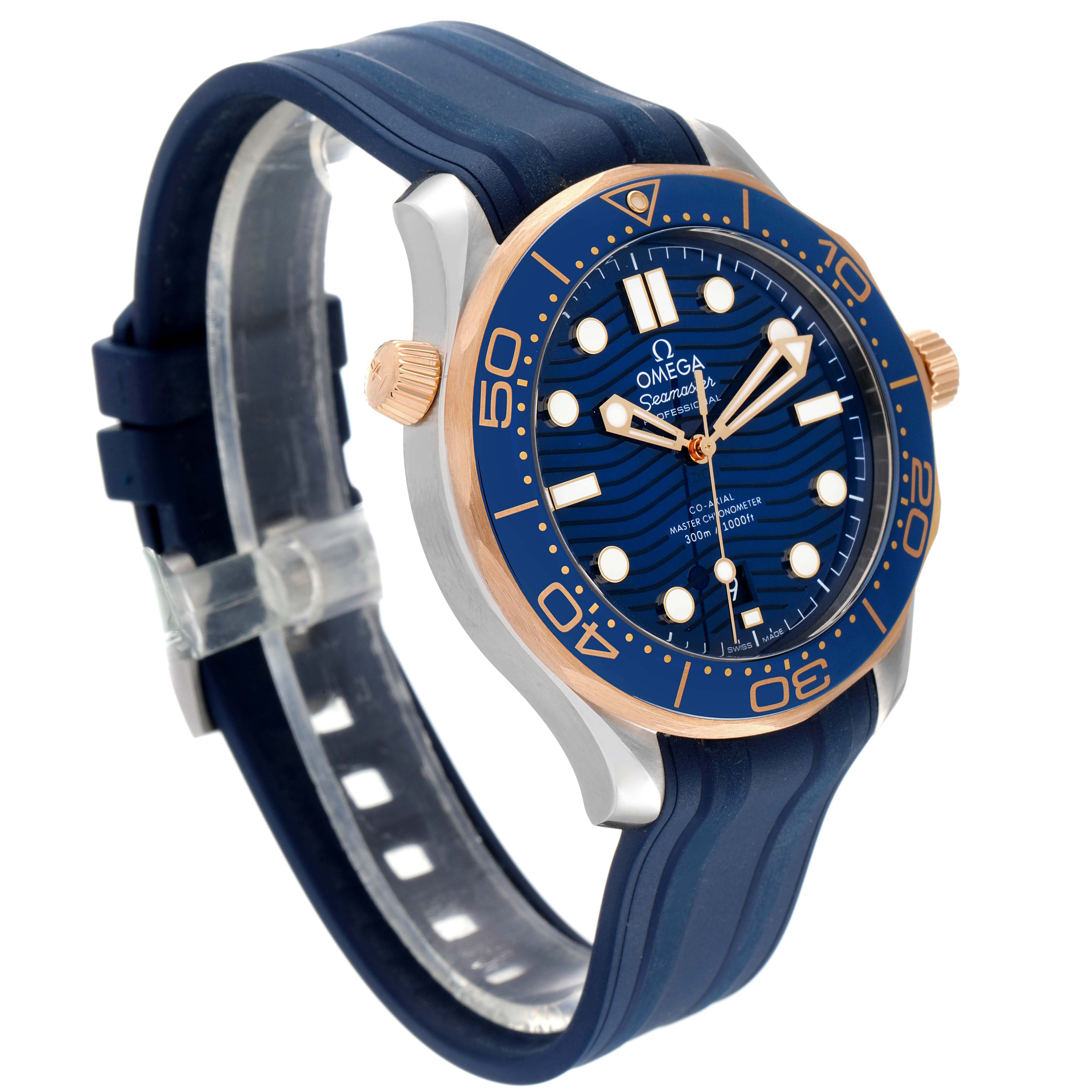 The image shows a side view of the Omega Seamaster 210.22.42.20.03.002 Men's Steel and Gold (two tone) Blue Dial 210.22.42.20.03.002 Men's Steel and Gold (two tone) Blue Dial watch, displaying its face, bezel, crown, and part of the blue strap.