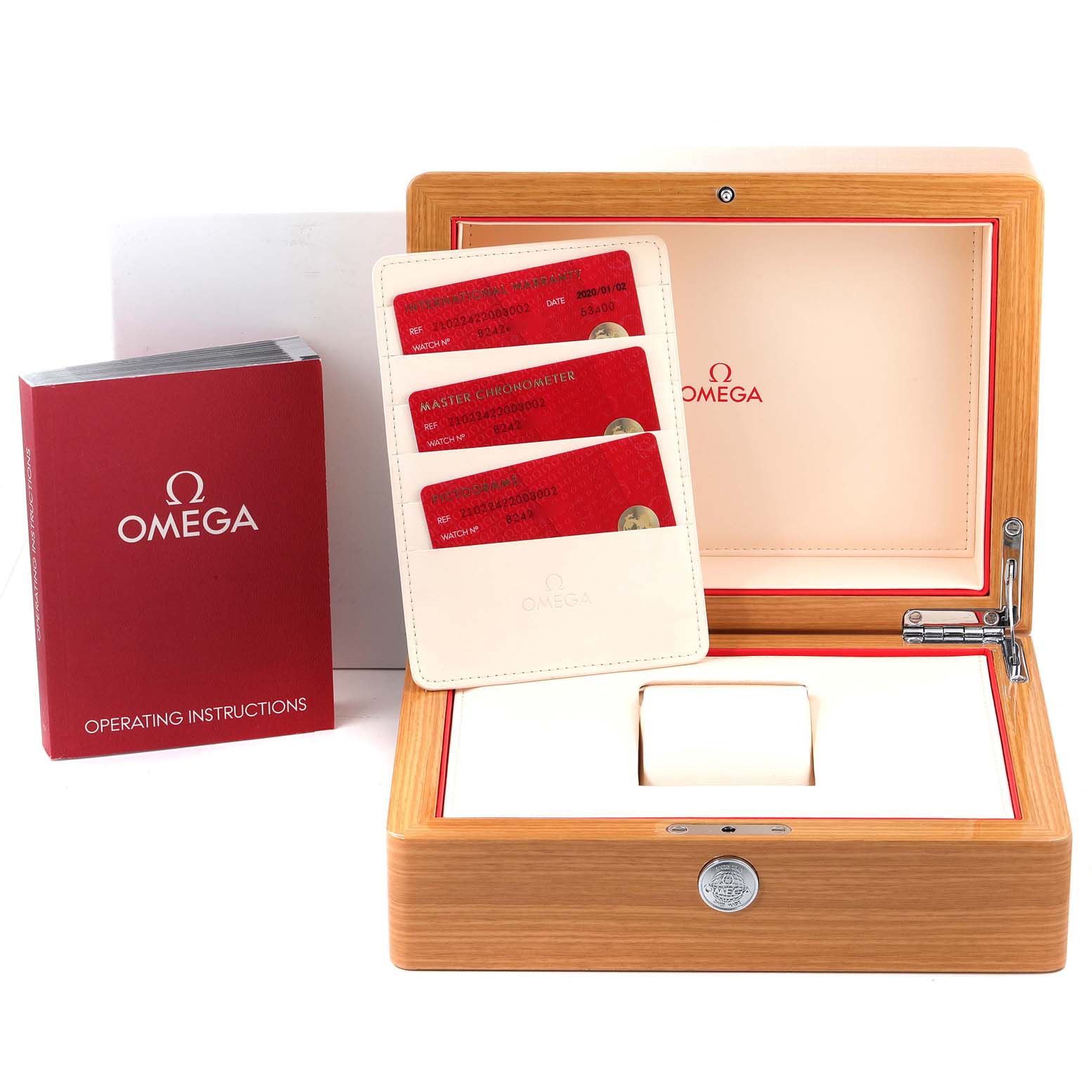 The image shows the packaging box and certification cards for the Omega Seamaster 210.22.42.20.03.002 Men's Steel and Gold (two tone) Blue Dial 210.22.42.20.03.002 Men's Steel and Gold (two tone) Blue Dial, along with the operating instructions.