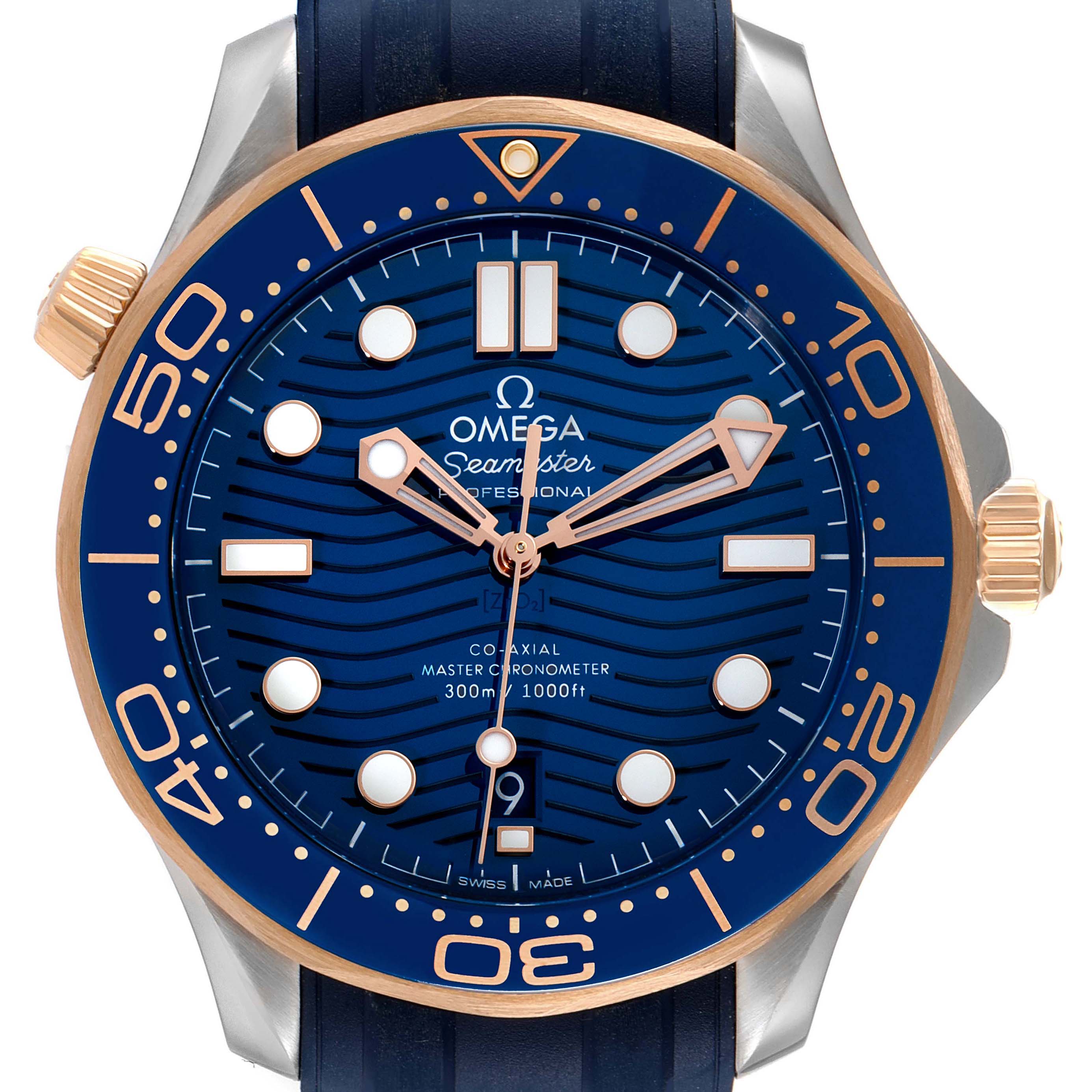 This image shows a front view of an Omega Seamaster 210.22.42.20.03.002 Men's Steel and Gold (two tone) Blue Dial 210.22.42.20.03.002 Men's Steel and Gold (two tone) Blue Dial watch, highlighting its dial, bezel, and crown.