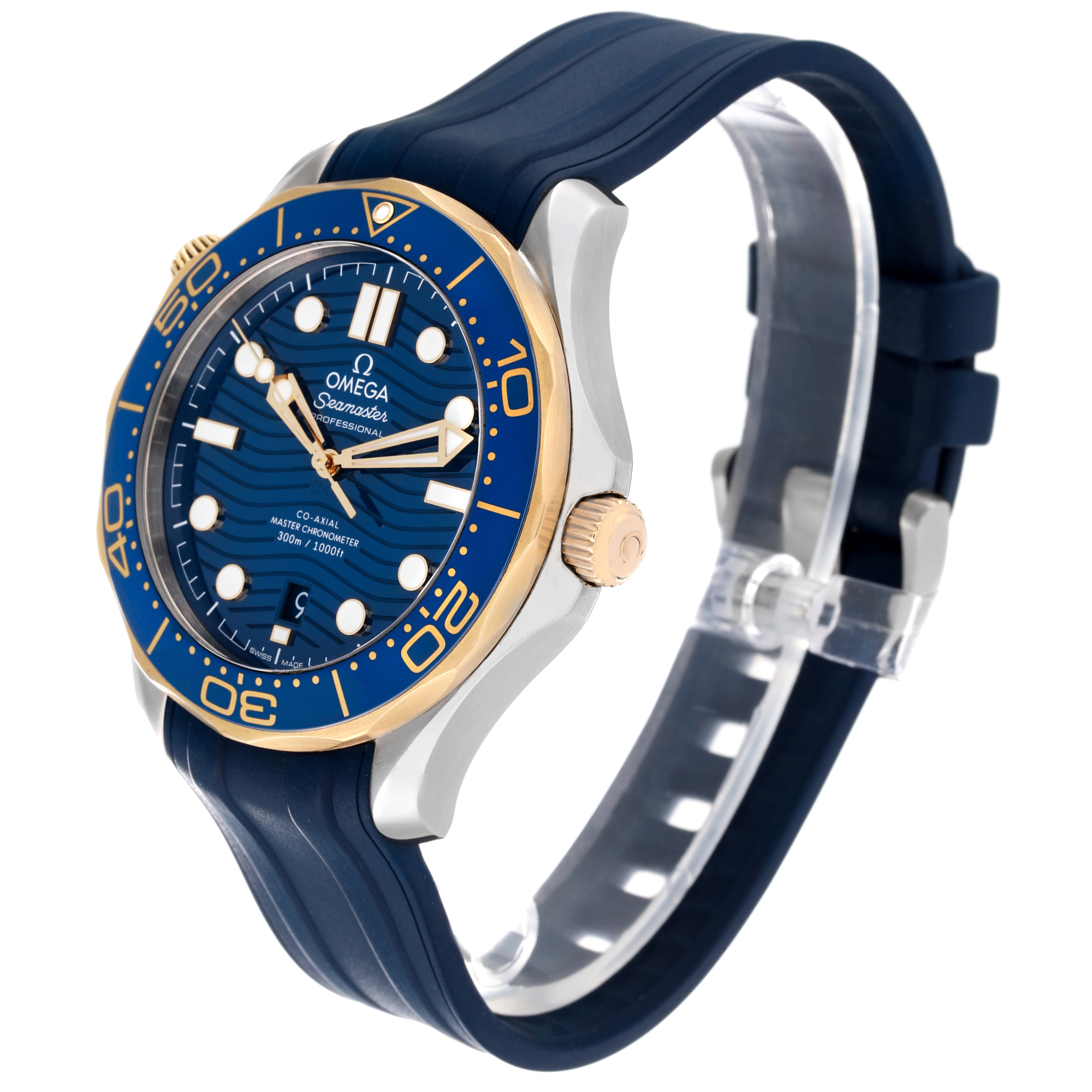 This image shows a side-angle view of the Omega Seamaster 210.22.42.20.03.001 Men's Steel and Gold (two tone) Blue Dial 210.22.42.20.03.001 Men's Steel and Gold (two tone) Blue Dial, highlighting its dial, bezel, crown, and silicone strap.