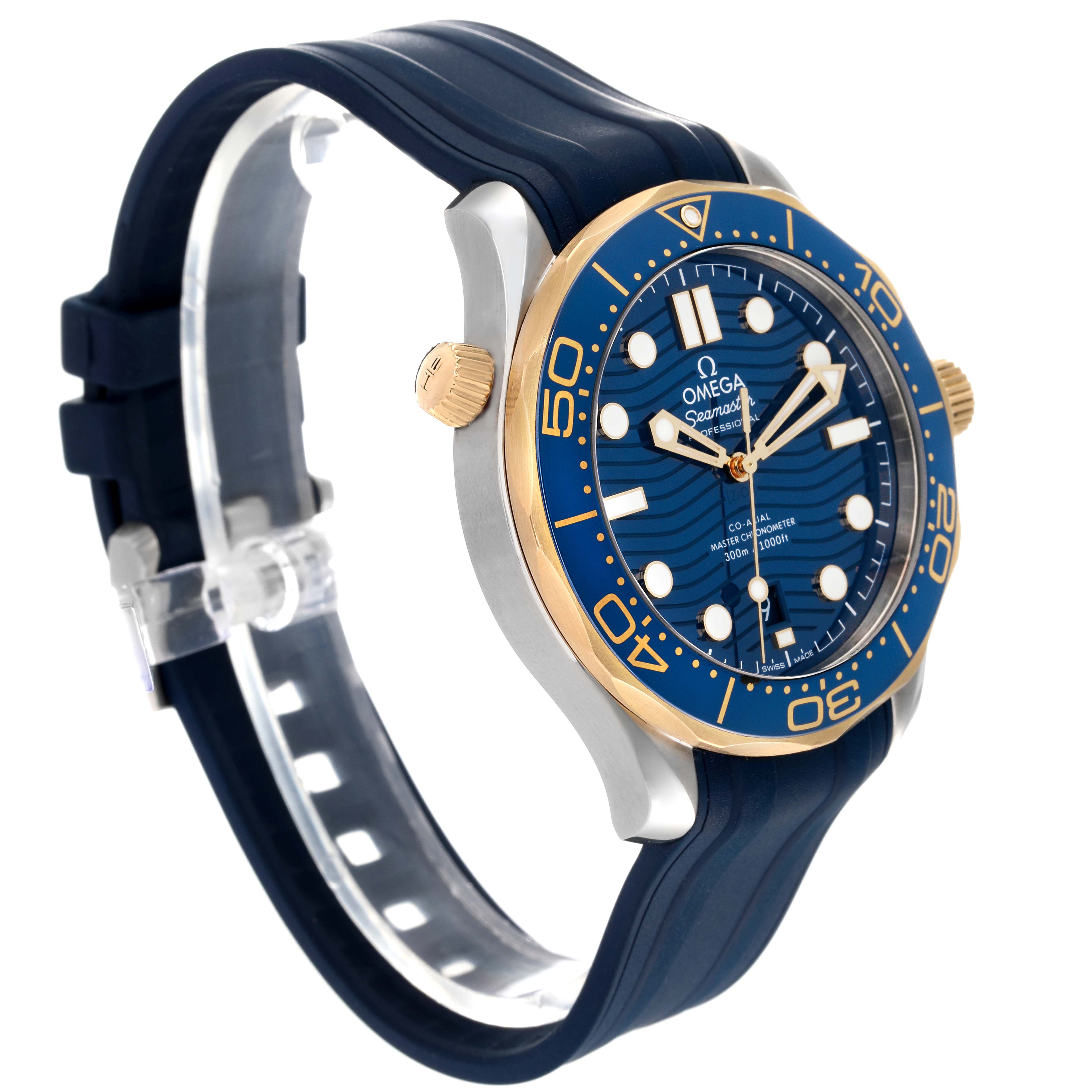 This image shows a side view of the Omega Seamaster 210.22.42.20.03.001 Men's Steel and Gold (two tone) Blue Dial 210.22.42.20.03.001 Men's Steel and Gold (two tone) Blue Dial watch featuring its blue dial, bezel, and strap.