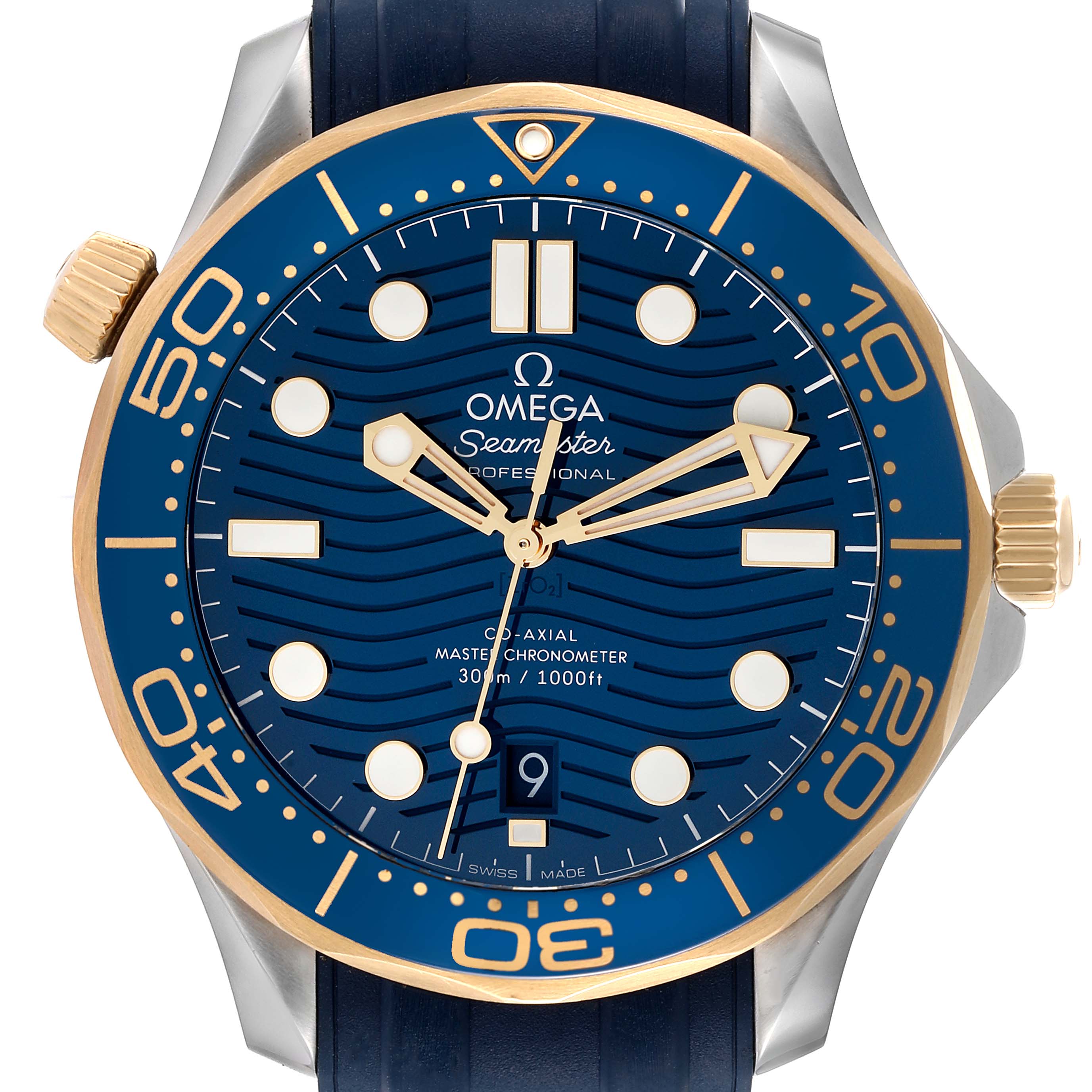 This Omega Seamaster 210.22.42.20.03.001 Men's Steel and Gold (two tone) Blue Dial 210.22.42.20.03.001 Men's Steel and Gold (two tone) Blue Dial watch is shown from the front angle detailing the dial, hands, bezel, and crown.