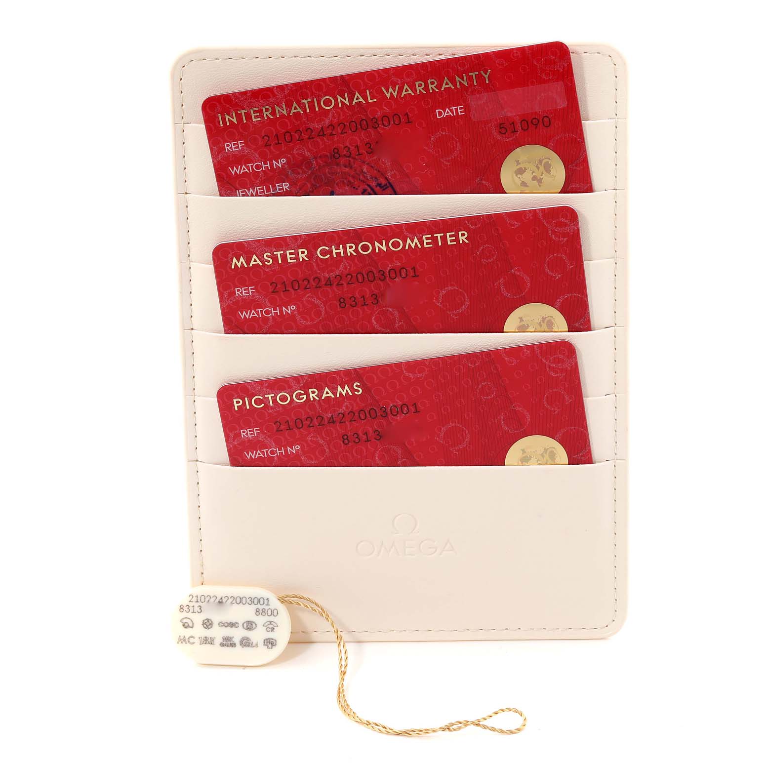 The image shows warranty and certification cards for an Omega Seamaster 210.22.42.20.03.001 Men's Steel and Gold (two tone) Blue Dial 210.22.42.20.03.001 Men's Steel and Gold (two tone) Blue Dial model in a cardholder, along with a tag.