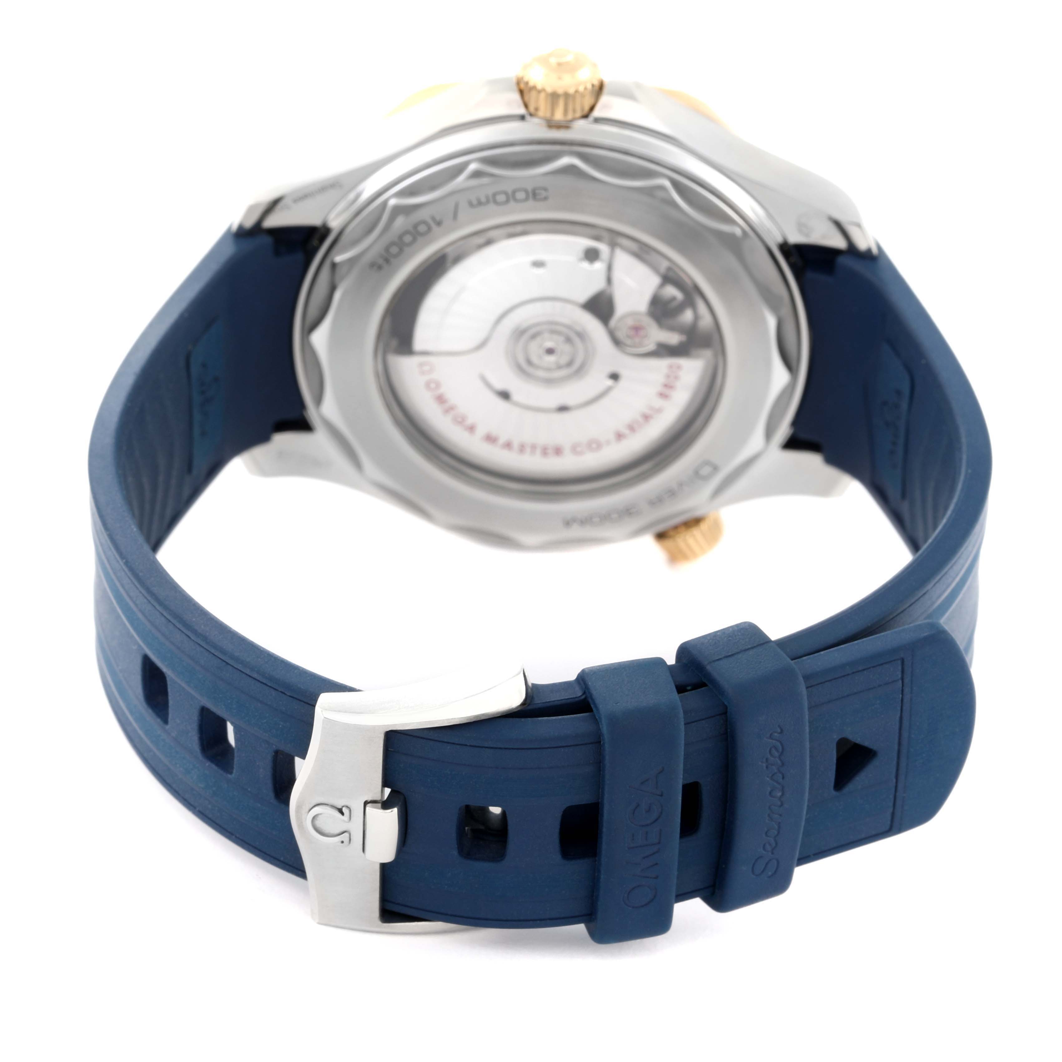 This image shows the back view of the Omega Seamaster 210.22.42.20.03.001 Men's Steel and Gold (two tone) Blue Dial 210.22.42.20.03.001 Men's Steel and Gold (two tone) Blue Dial watch, highlighting the transparent case back and blue strap with a buckle.