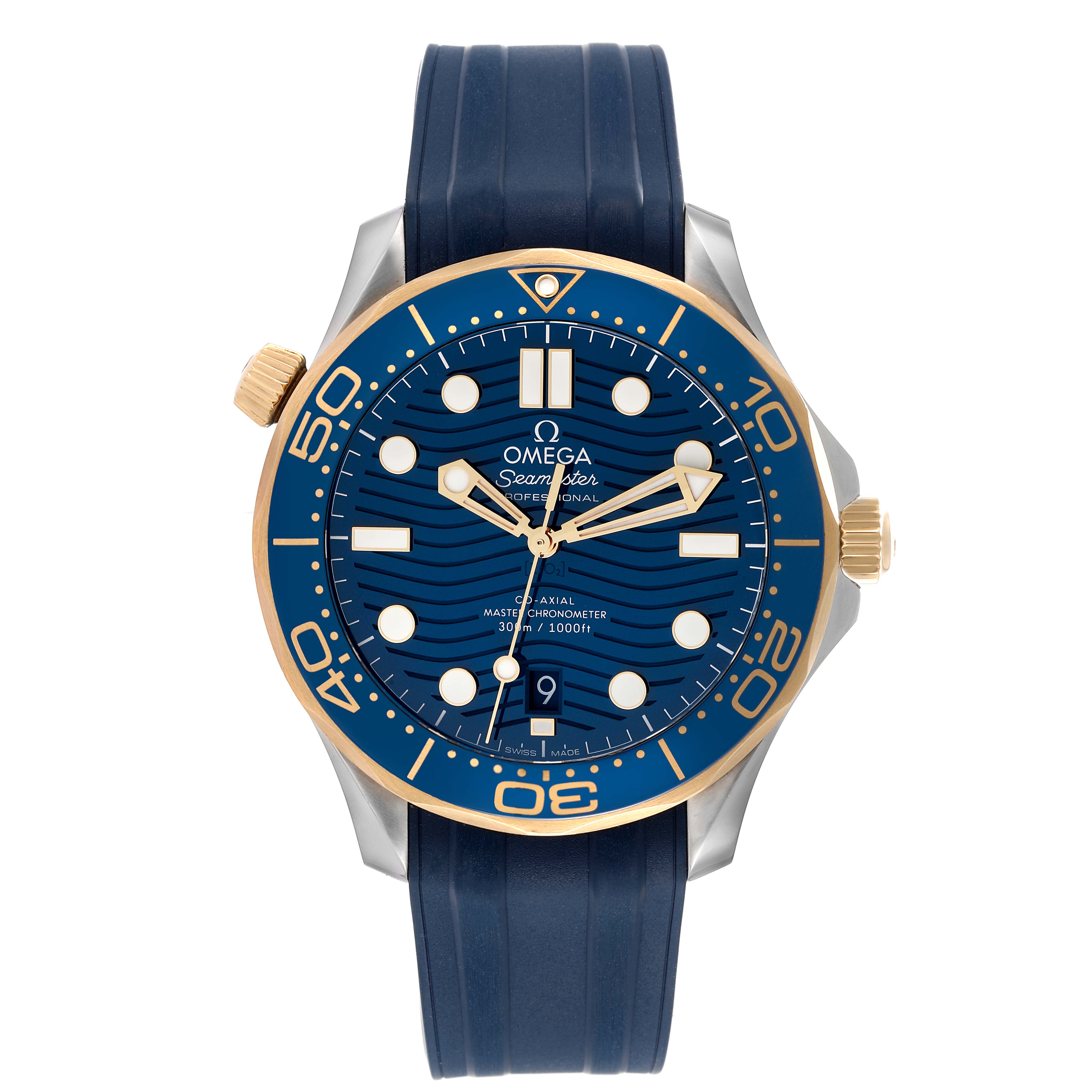 The Omega Seamaster 210.22.42.20.03.001 Men's Steel and Gold (two tone) Blue Dial 210.22.42.20.03.001 Men's Steel and Gold (two tone) Blue Dial watch is shown from the front, highlighting its blue dial, bezel, golden details, and blue strap.