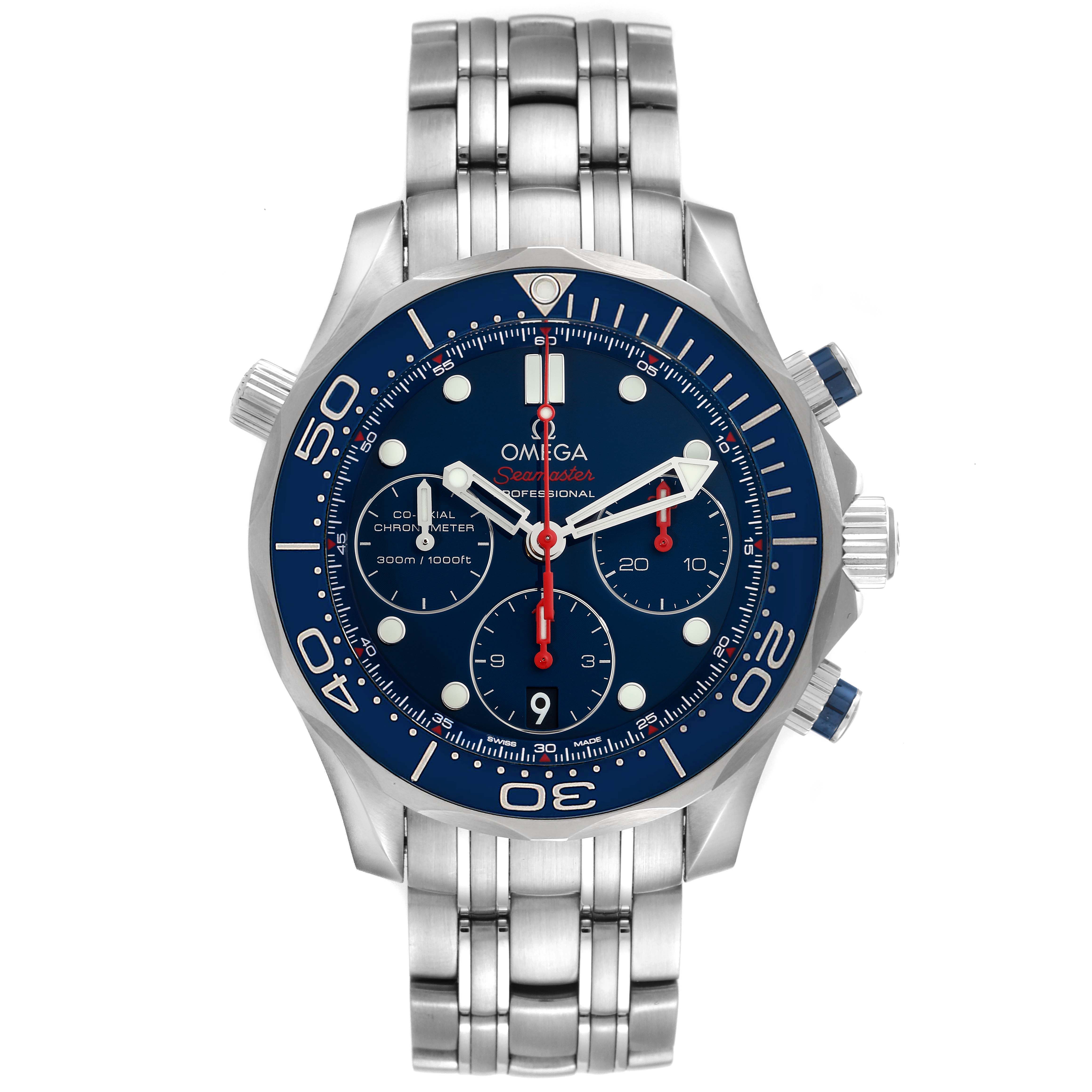 The image shows a front view of an Omega Seamaster 212.30.42.50.03.001 Men's Stainless Steel Blue Dial 212.30.42.50.03.001 Men's Stainless Steel Blue Dial watch displaying the face, bezel, and metal bracelet.