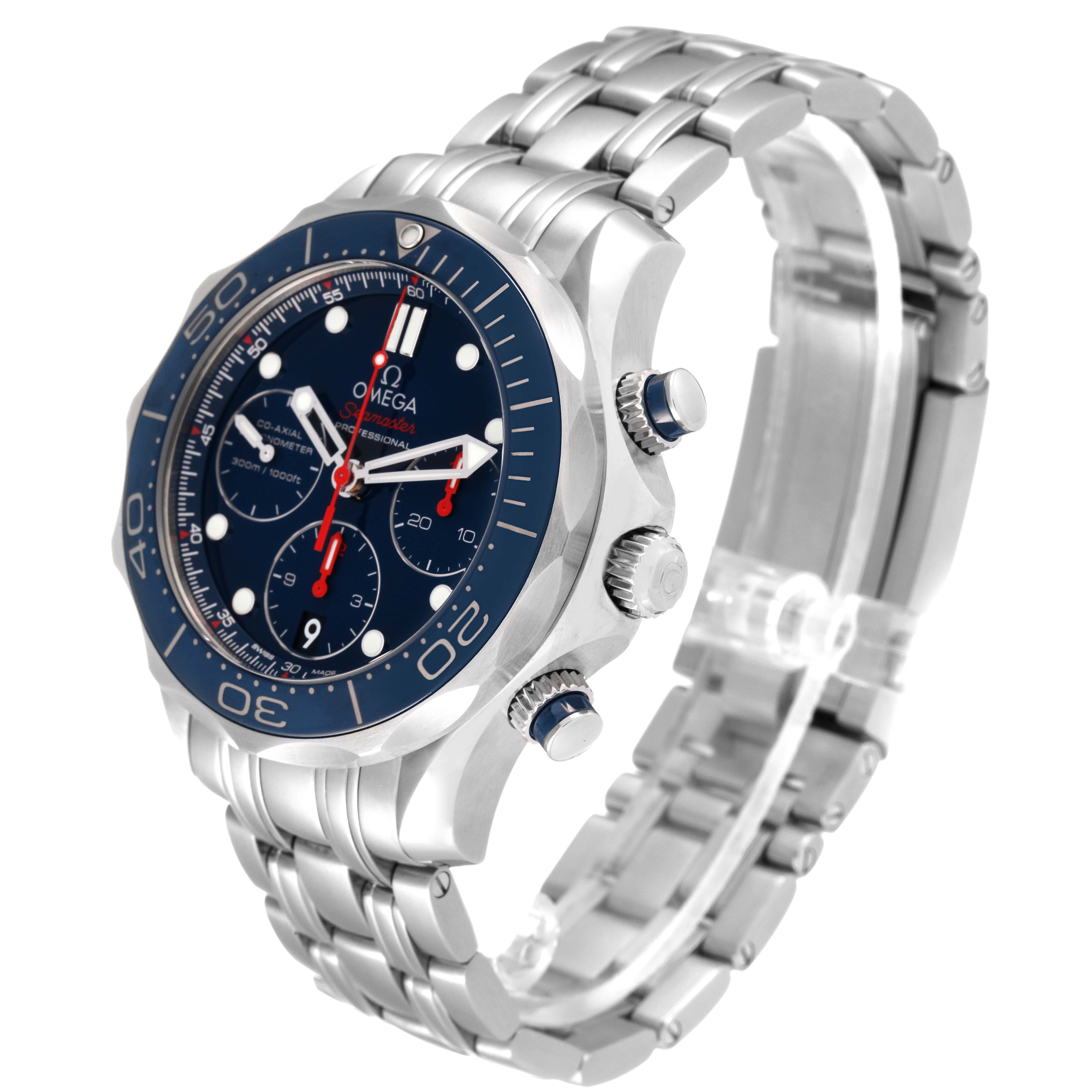 This image shows an Omega Seamaster 212.30.42.50.03.001 Men's Stainless Steel Blue Dial 212.30.42.50.03.001 Men's Stainless Steel Blue Dial watch from a side angle, displaying the face, bezel, crown, and part of the metal bracelet.