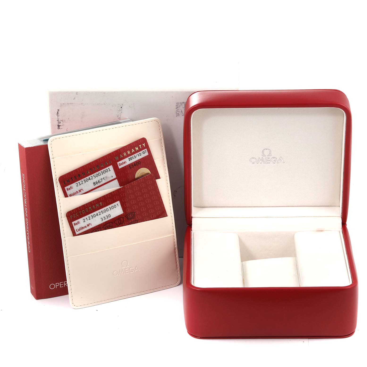 The image shows the Omega Seamaster 212.30.42.50.03.001 Men's Stainless Steel Blue Dial 212.30.42.50.03.001 Men's Stainless Steel Blue Dial watch box, warranty cards, and operating instructions at a front angle.