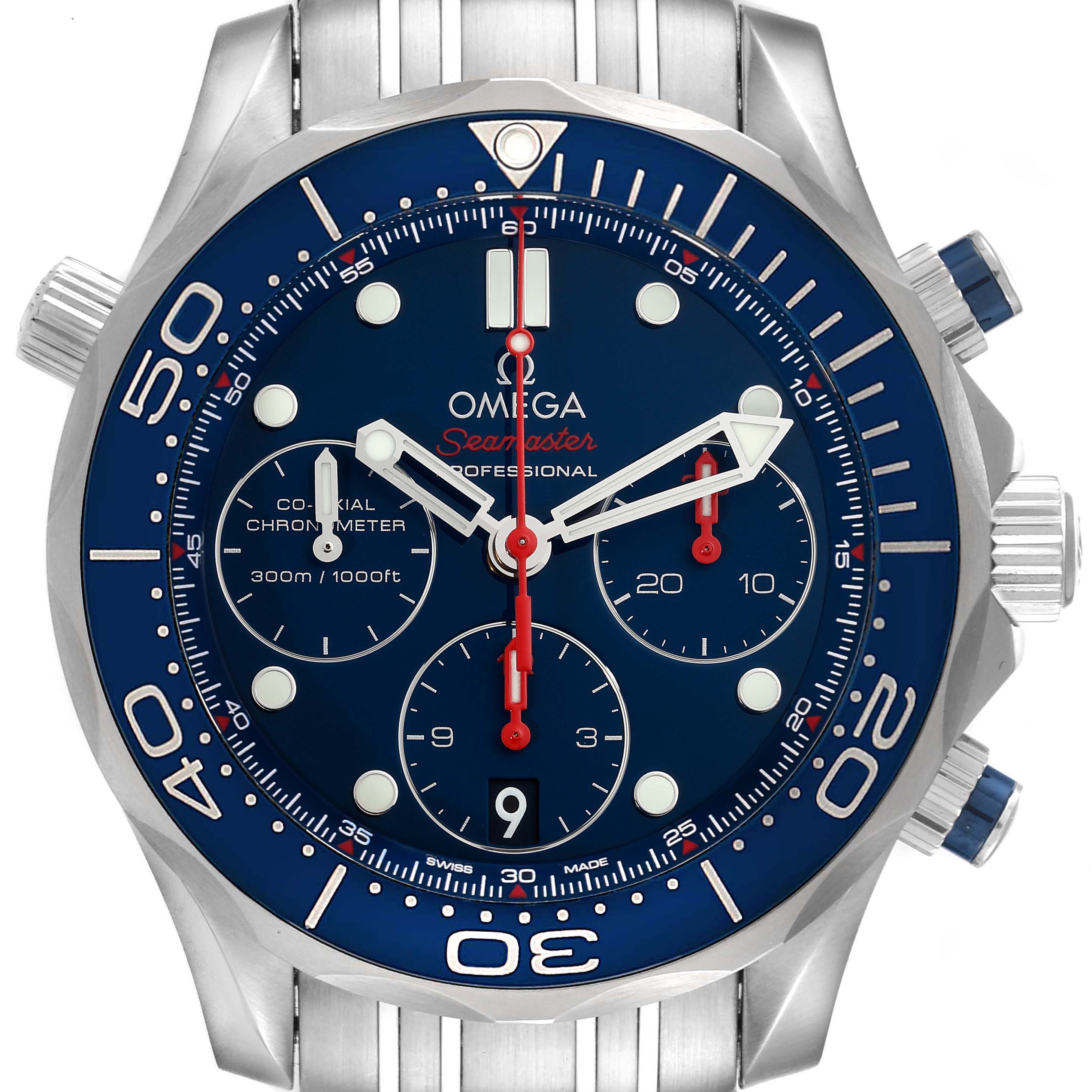 The image shows a front view of the Omega Seamaster 212.30.42.50.03.001 Men's Stainless Steel Blue Dial 212.30.42.50.03.001 Men's Stainless Steel Blue Dial watch, highlighting its blue dial, three sub-dials, and the date window.