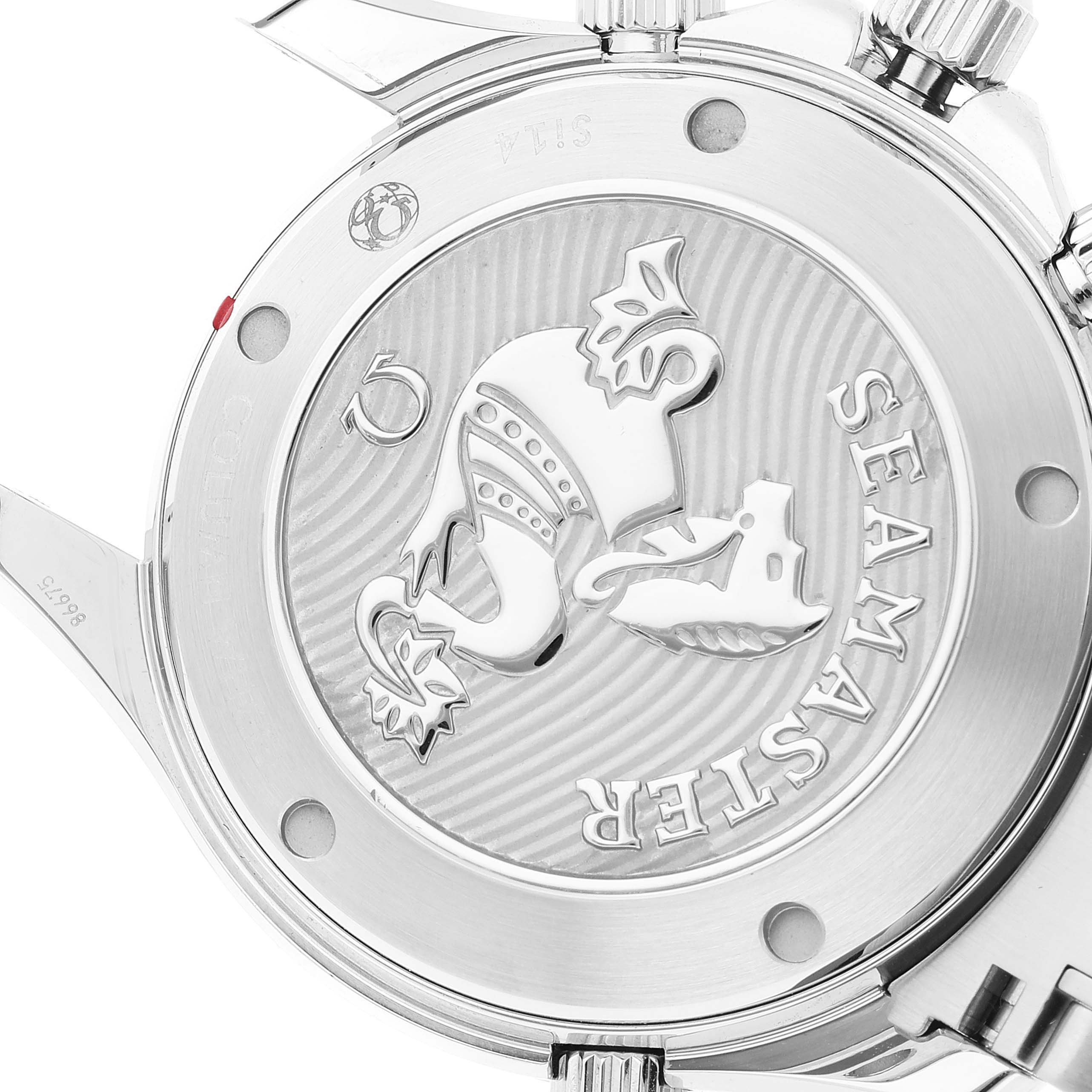 This image shows the back casing of an Omega Seamaster 212.30.42.50.03.001 Men's Stainless Steel Blue Dial 212.30.42.50.03.001 Men's Stainless Steel Blue Dial watch, highlighting its detailed engraving and brand name.