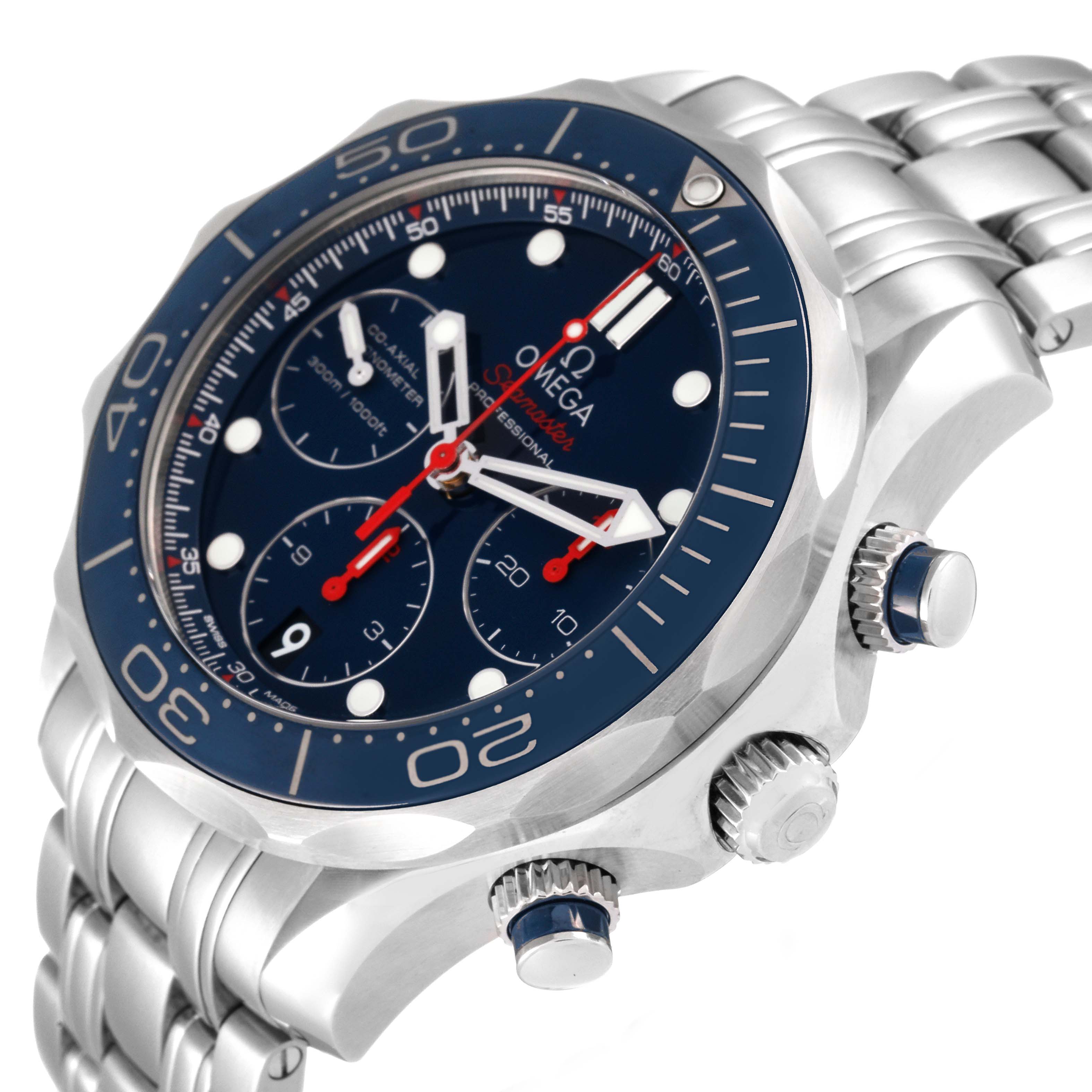 The image shows an angled view of the Omega Seamaster 212.30.42.50.03.001 Men's Stainless Steel Blue Dial 212.30.42.50.03.001 Men's Stainless Steel Blue Dial's face, bezel, and part of its metal bracelet.