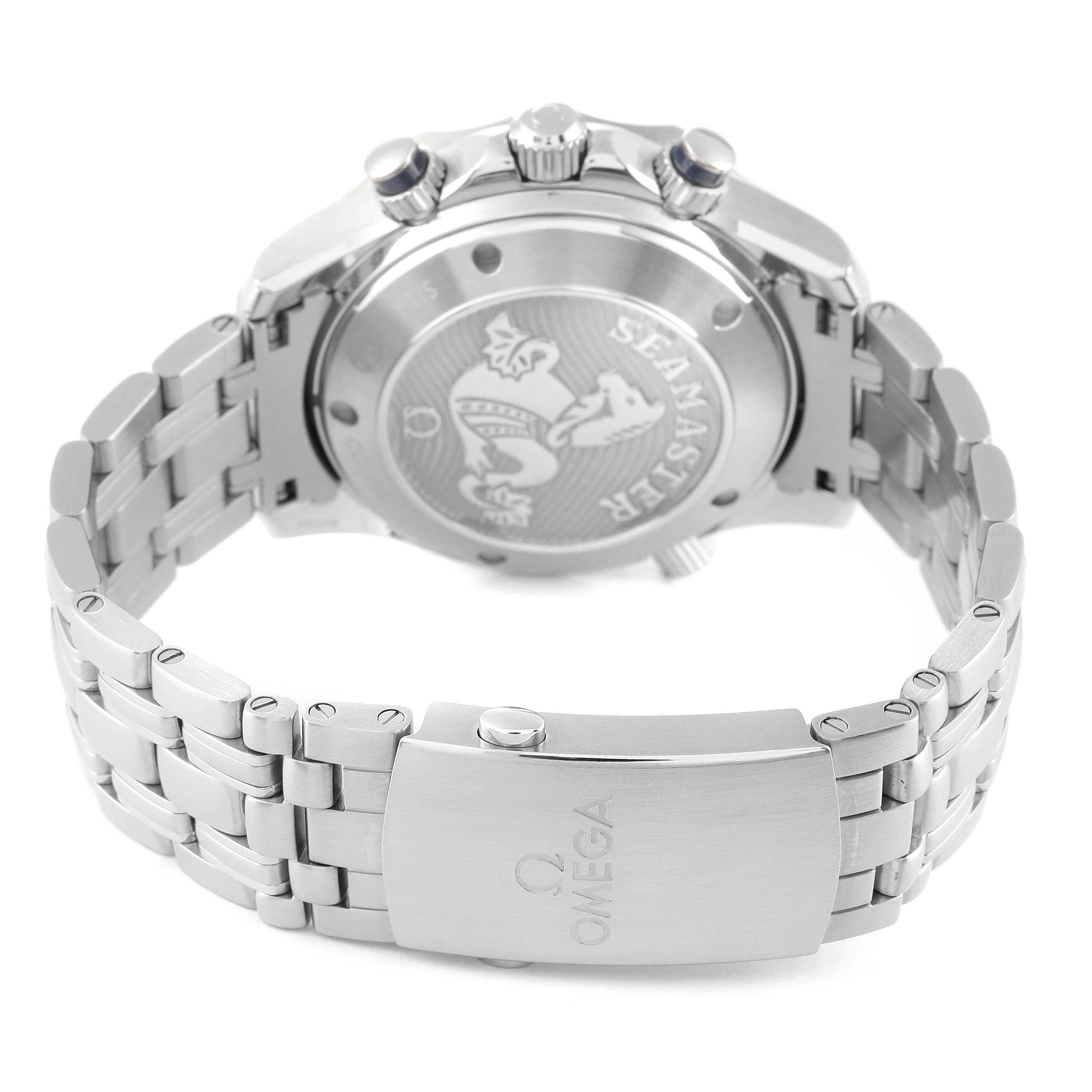 The image shows the backside and clasp of an Omega Seamaster 212.30.42.50.03.001 Men's Stainless Steel Blue Dial 212.30.42.50.03.001 Men's Stainless Steel Blue Dial watch, highlighting the case back and stainless steel bracelet.