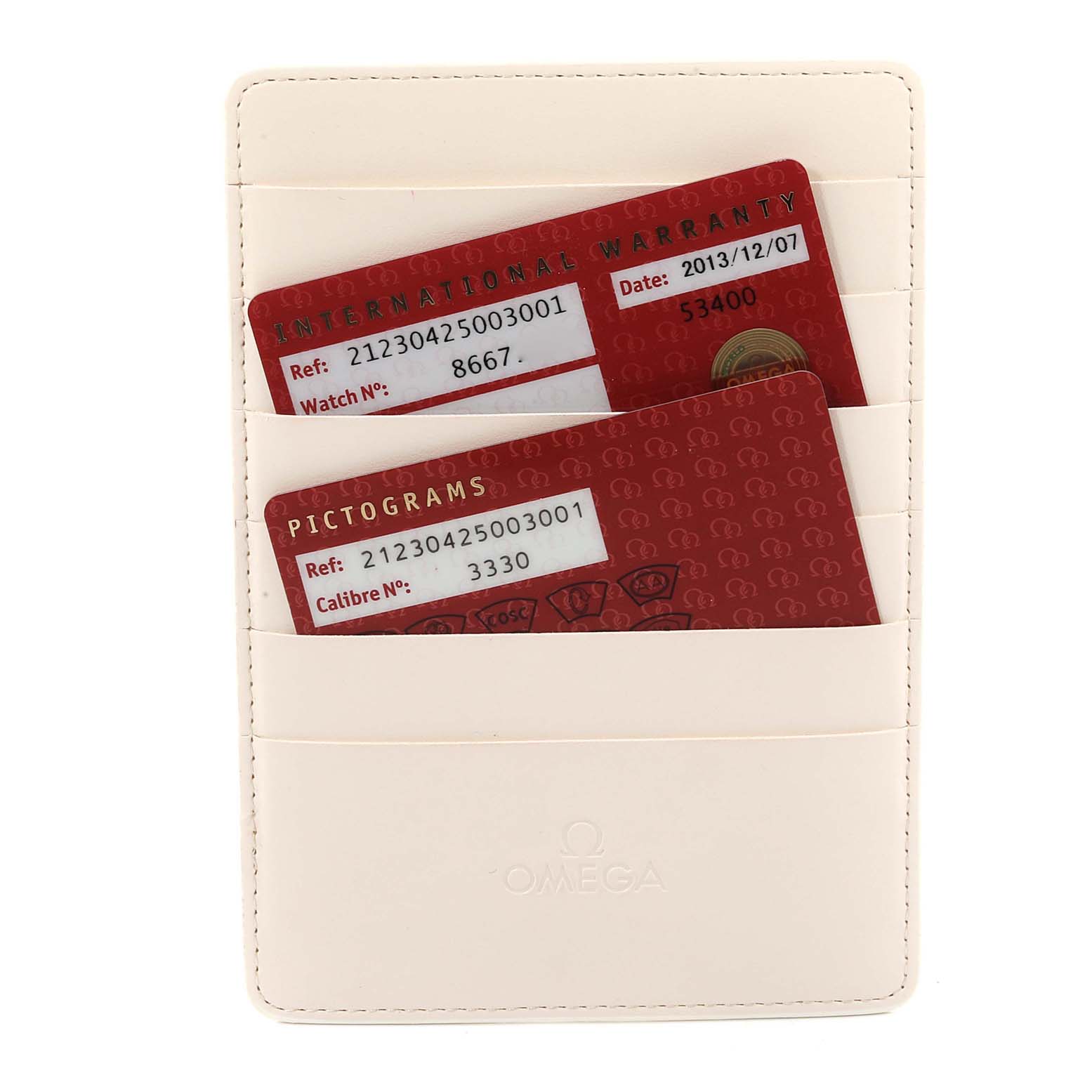 The image shows warranty and pictogram cards for the Omega Seamaster 212.30.42.50.03.001 Men's Stainless Steel Blue Dial 212.30.42.50.03.001 Men's Stainless Steel Blue Dial model, placed in a white cardholder.