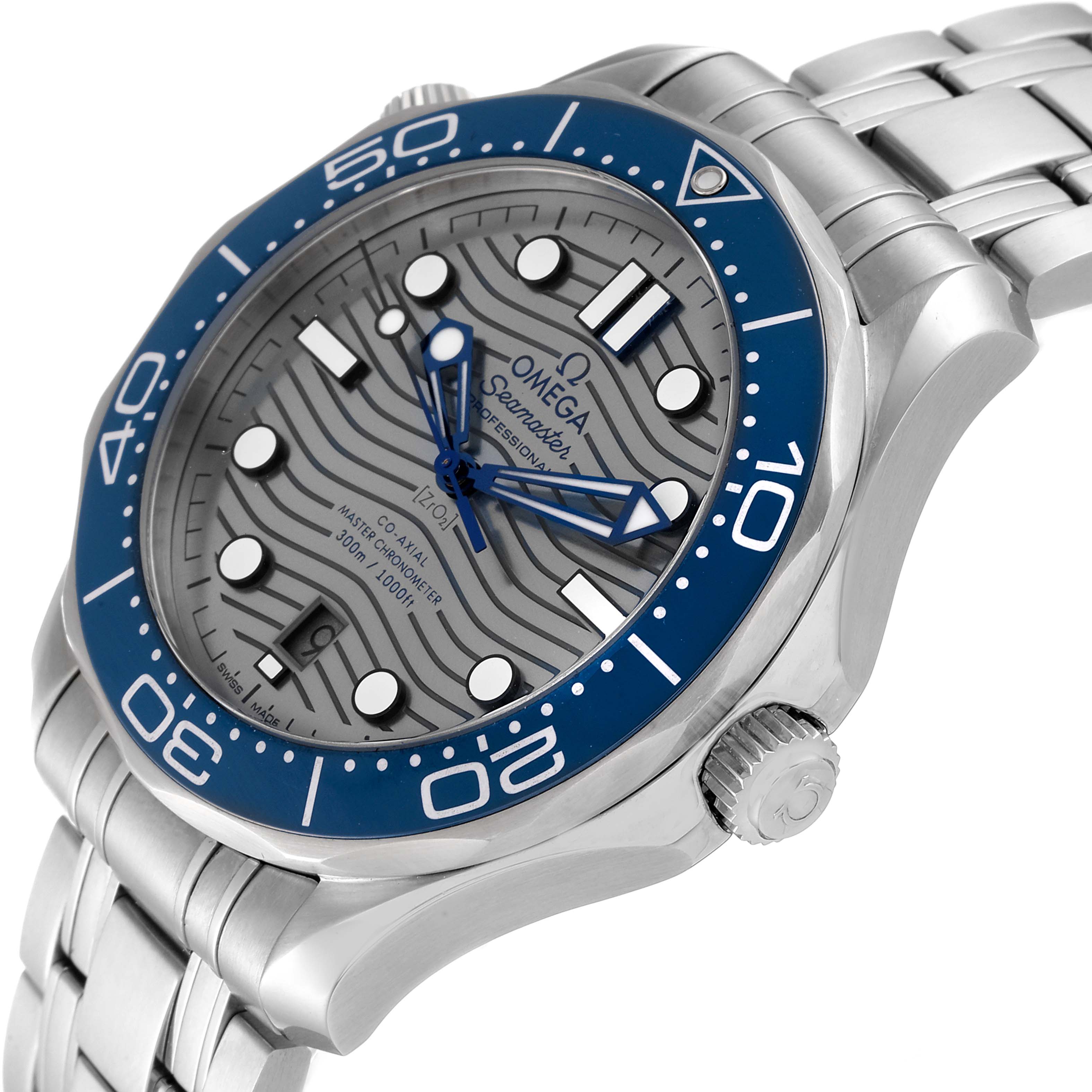 The image shows an angled view of an Omega Seamaster 210.30.42.20.06.001 Men's Stainless Steel Grey Dial 210.30.42.20.06.001 Men's Stainless Steel Grey Dial watch, highlighting its face, bezel, crown, and part of the bracelet.