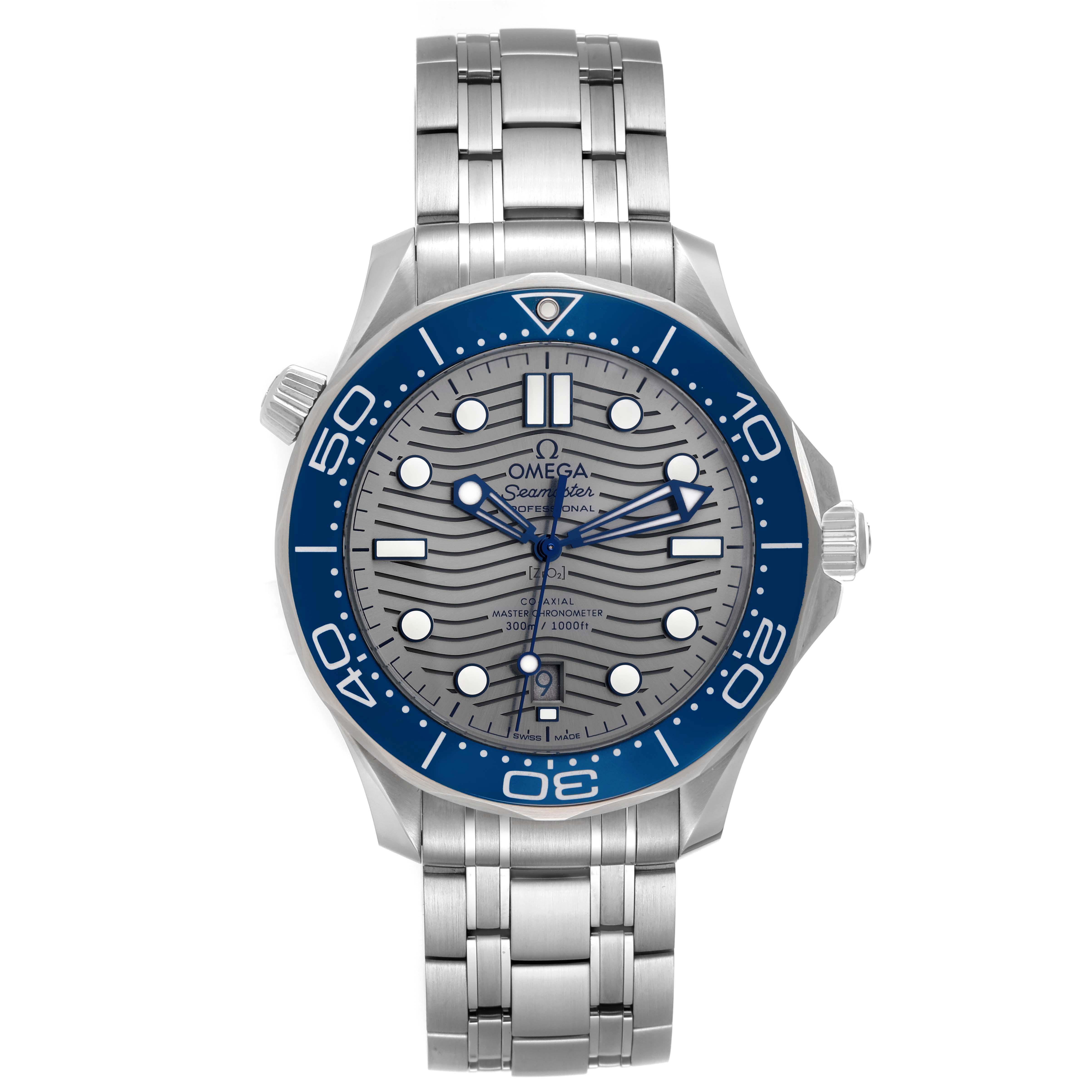 The image shows a front view of the Omega Seamaster 210.30.42.20.06.001 Men's Stainless Steel Grey Dial 210.30.42.20.06.001 Men's Stainless Steel Grey Dial watch, highlighting its face, bezel, crown, and bracelet.