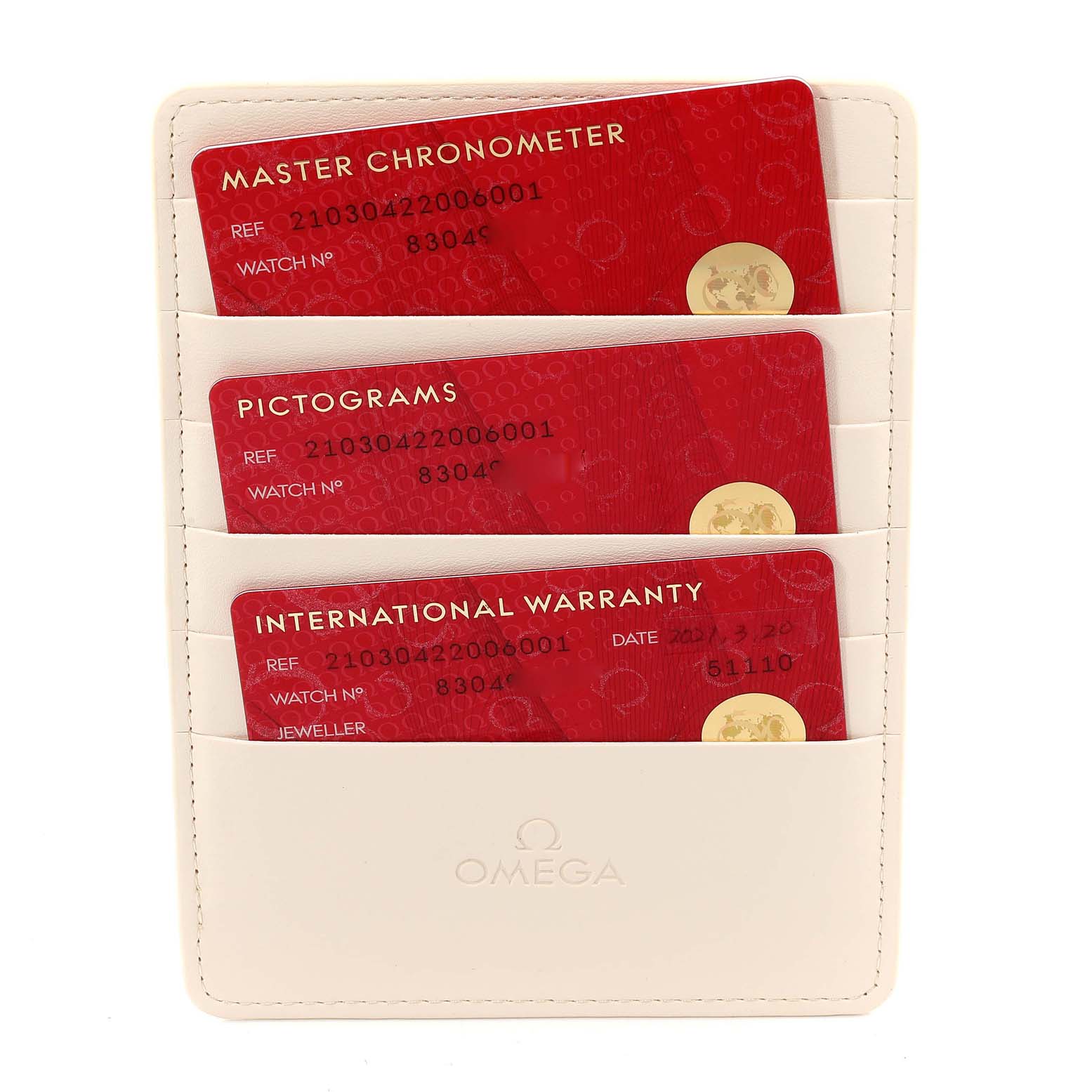 The image shows Omega Seamaster 210.30.42.20.06.001 Men's Stainless Steel Grey Dial 210.30.42.20.06.001 Men's Stainless Steel Grey Dial documentation including Master Chronometer, Pictograms, and International Warranty cards in a cardholder.