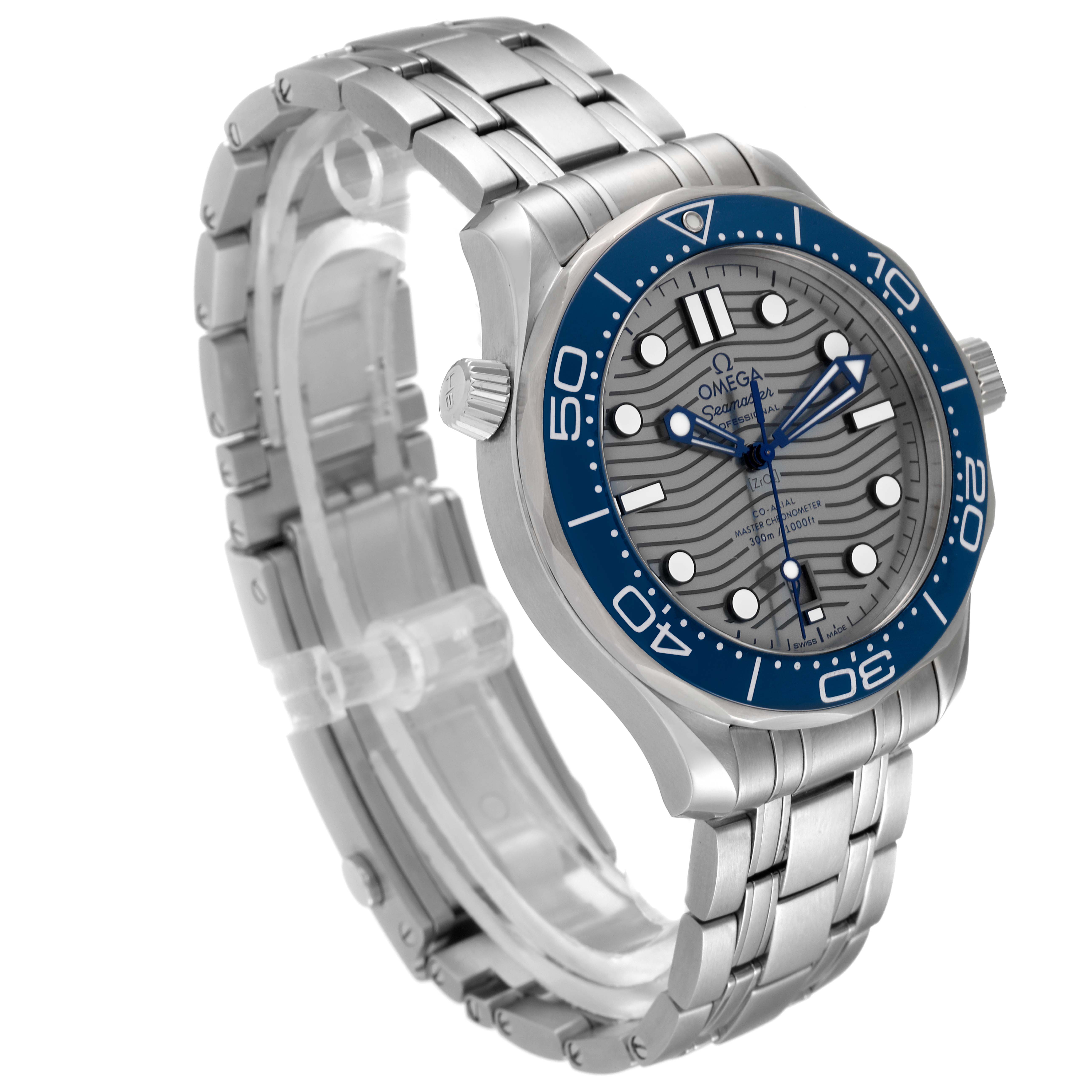 The image shows an angled view of an Omega Seamaster 210.30.42.20.06.001 Men's Stainless Steel Grey Dial 210.30.42.20.06.001 Men's Stainless Steel Grey Dial watch, highlighting its bracelet, bezel, and dial.