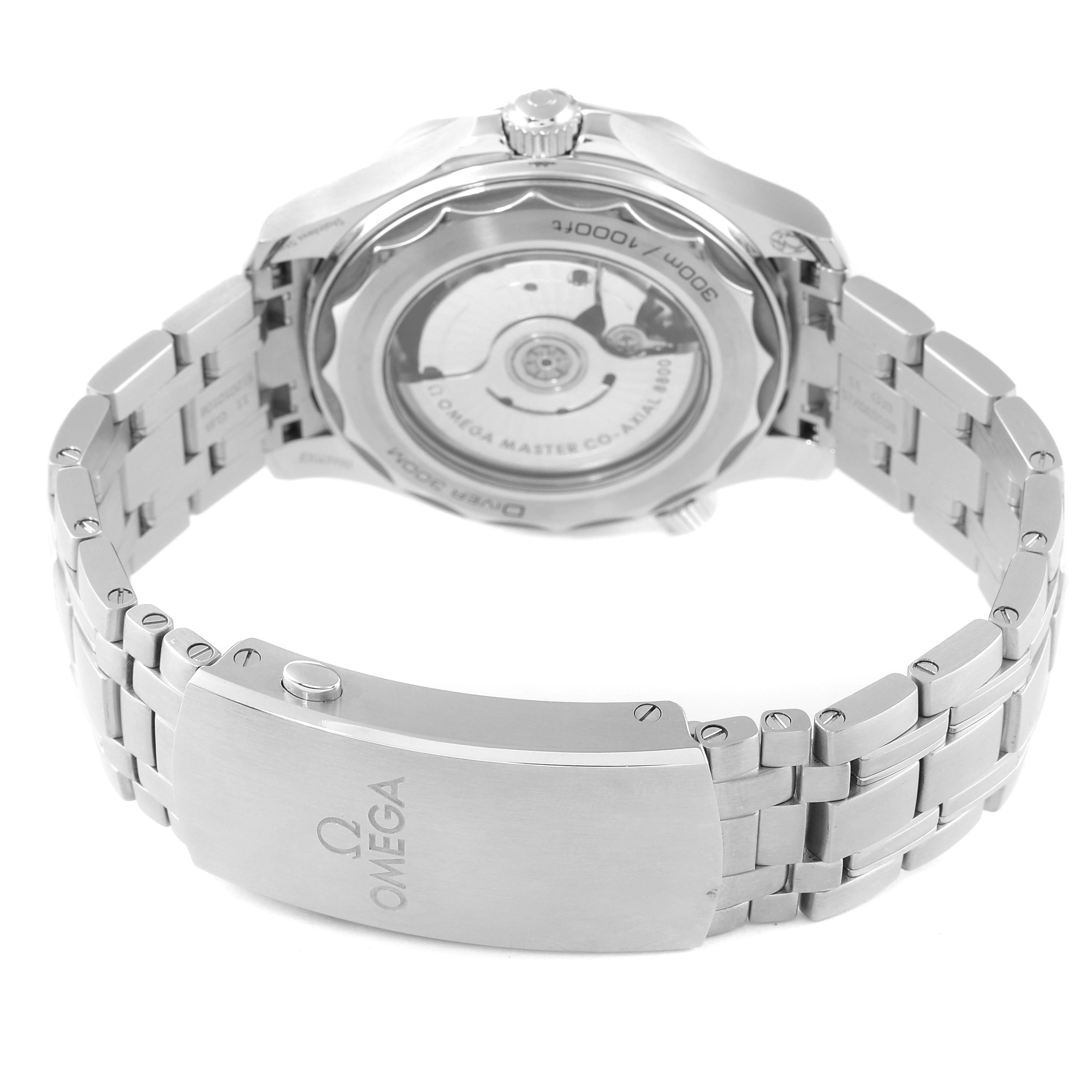 The image shows the back case and metal bracelet of the Omega Seamaster 210.30.42.20.06.001 Men's Stainless Steel Grey Dial 210.30.42.20.06.001 Men's Stainless Steel Grey Dial watch, showcasing the movement and the branded clasp.