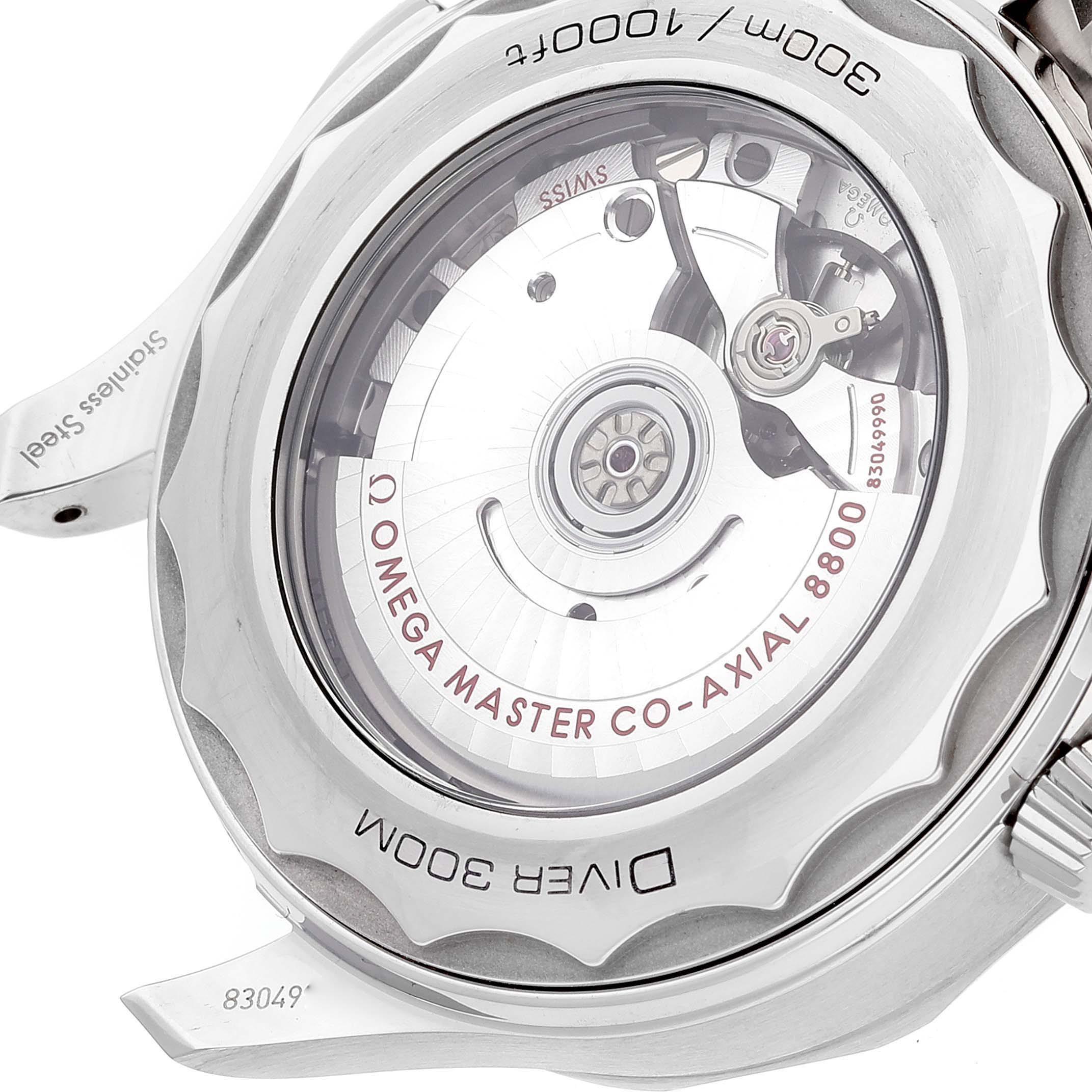 The image shows the back of an Omega Seamaster 210.30.42.20.06.001 Men's Stainless Steel Grey Dial 210.30.42.20.06.001 Men's Stainless Steel Grey Dial watch, detailing the movement and "Diver 300M" inscriptions.