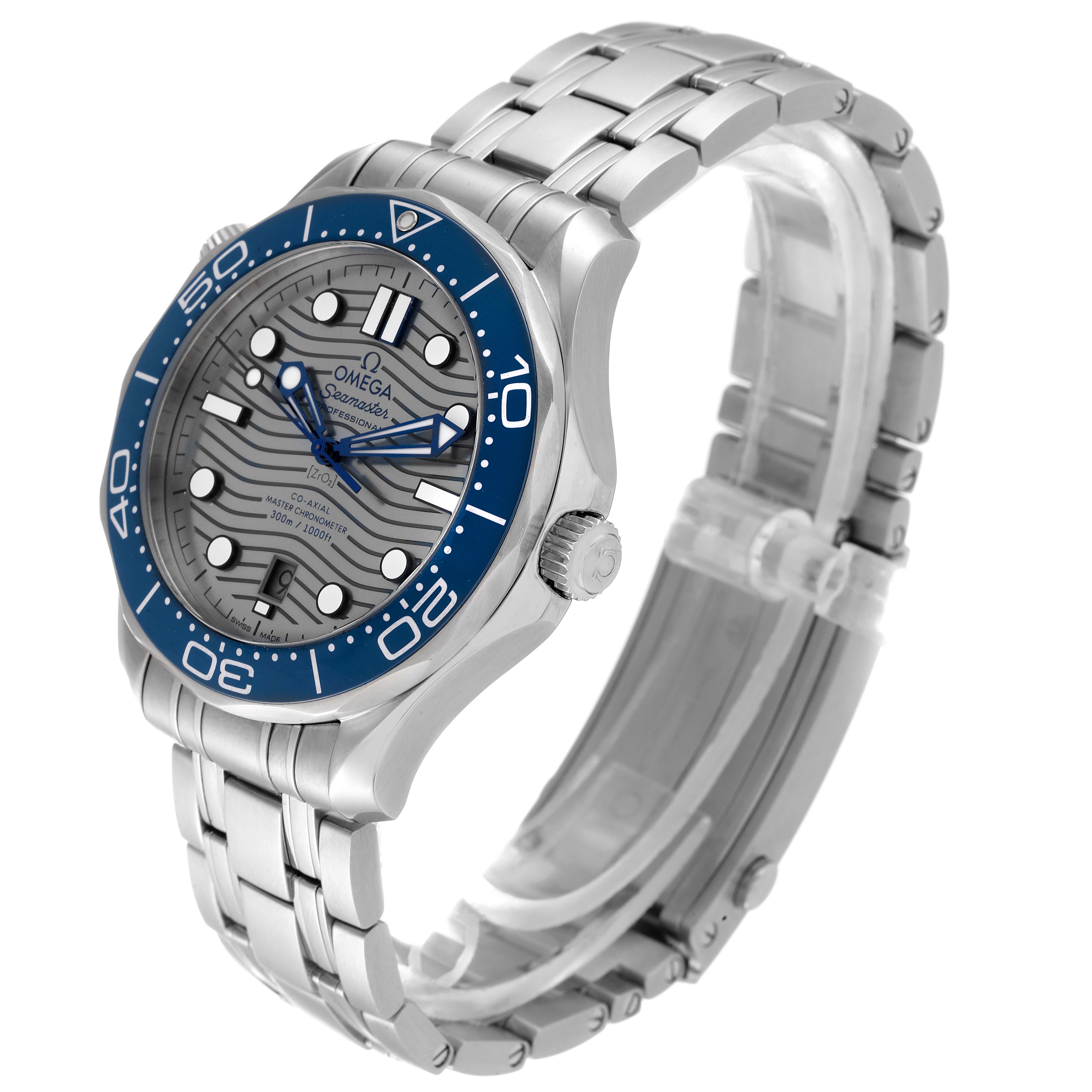 The Omega Seamaster 210.30.42.20.06.001 Men's Stainless Steel Grey Dial 210.30.42.20.06.001 Men's Stainless Steel Grey Dial watch is viewed at a front-left angle, showcasing the dial, bezel, crown, and bracelet.