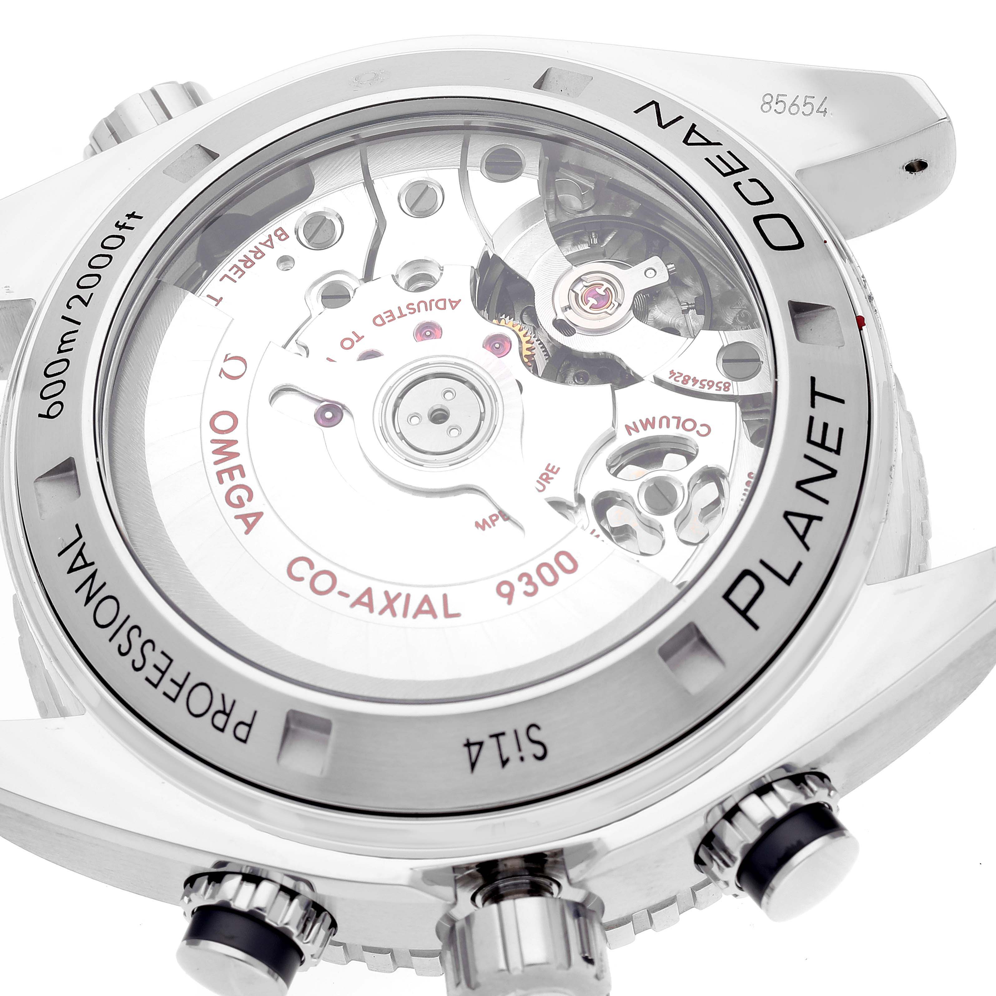 The image shows a close-up view of the back casing and internal mechanism of an Omega Planet Ocean 232.30.46.51.01.001 Men
s Stainless Steel Black Dial 232.30.46.51.01.001 Men
s Stainless Steel Black Dial watch.