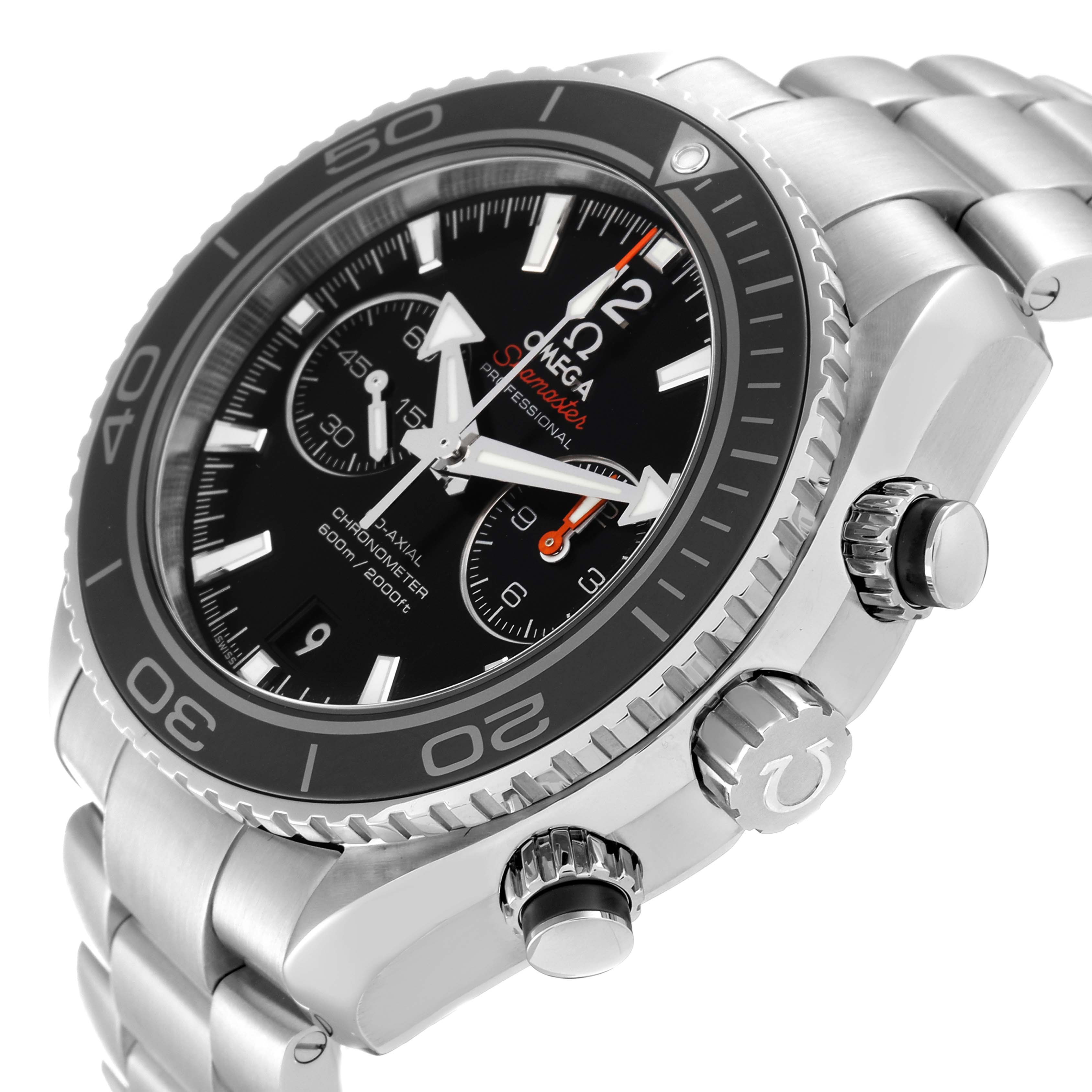 The image shows an angled close-up of the Omega Planet Ocean 232.30.46.51.01.001 Men
s Stainless Steel Black Dial 232.30.46.51.01.001 Men
s Stainless Steel Black Dial watch, focusing on its dial, bezel, crown, and part of the bracelet.