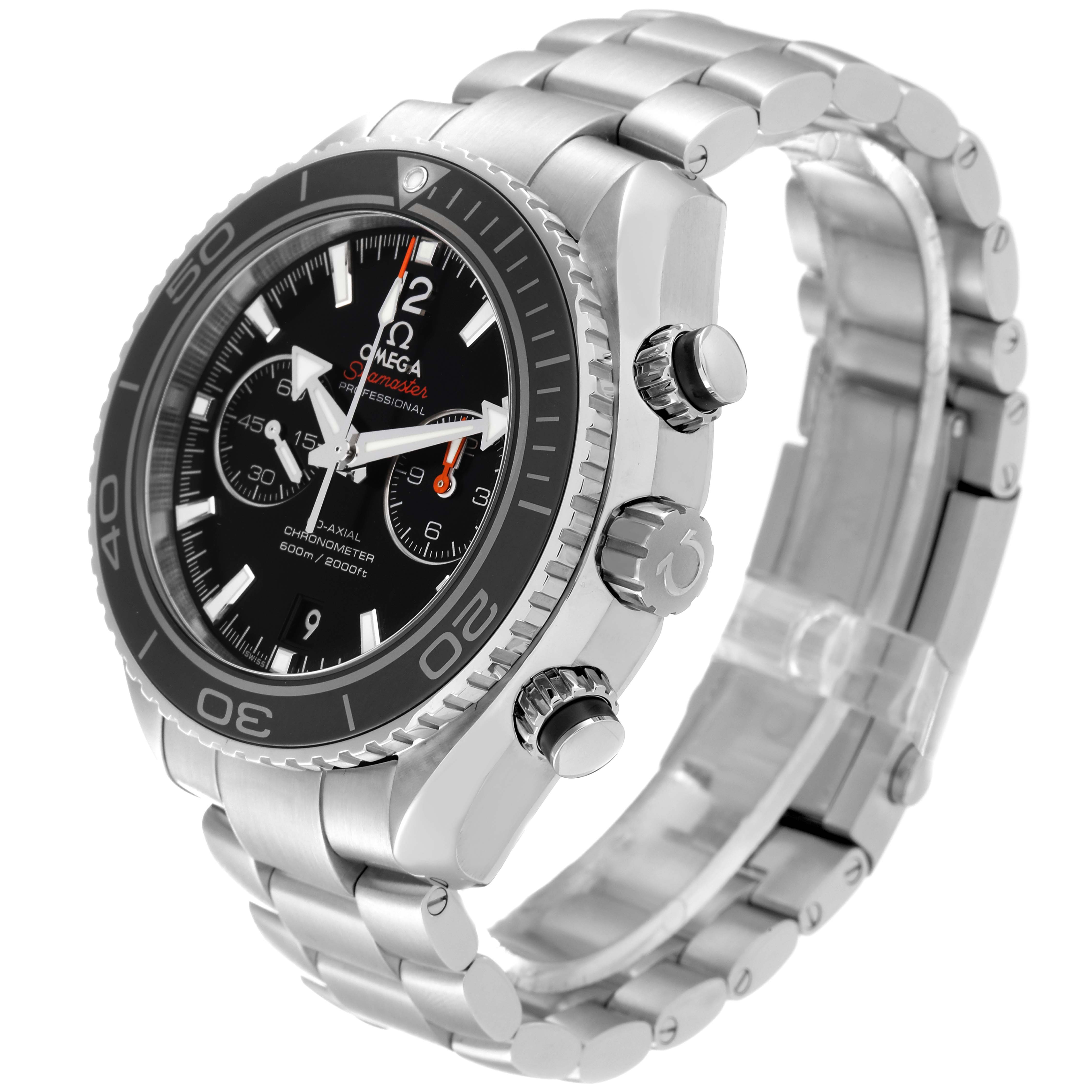 The image shows an Omega Planet Ocean 232.30.46.51.01.001 Men
s Stainless Steel Black Dial 232.30.46.51.01.001 Men
s Stainless Steel Black Dial model watch at an angled side view, highlighting its dial, bezel, crown, and bracelet.