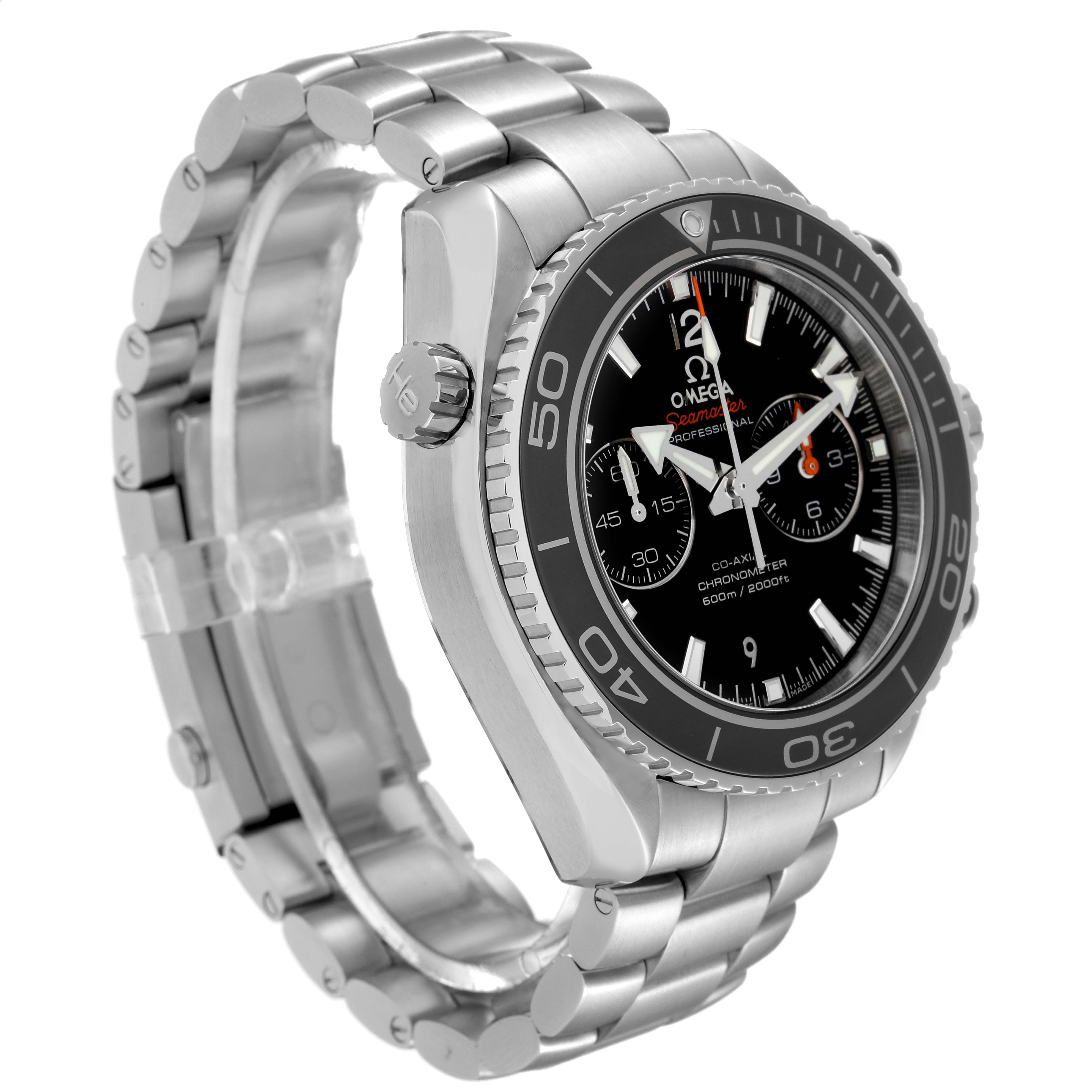 The Omega Planet Ocean 232.30.46.51.01.001 Men
s Stainless Steel Black Dial 232.30.46.51.01.001 Men
s Stainless Steel Black Dial watch is shown at an angled side view, displaying the stainless steel case, bezel, and bracelet.