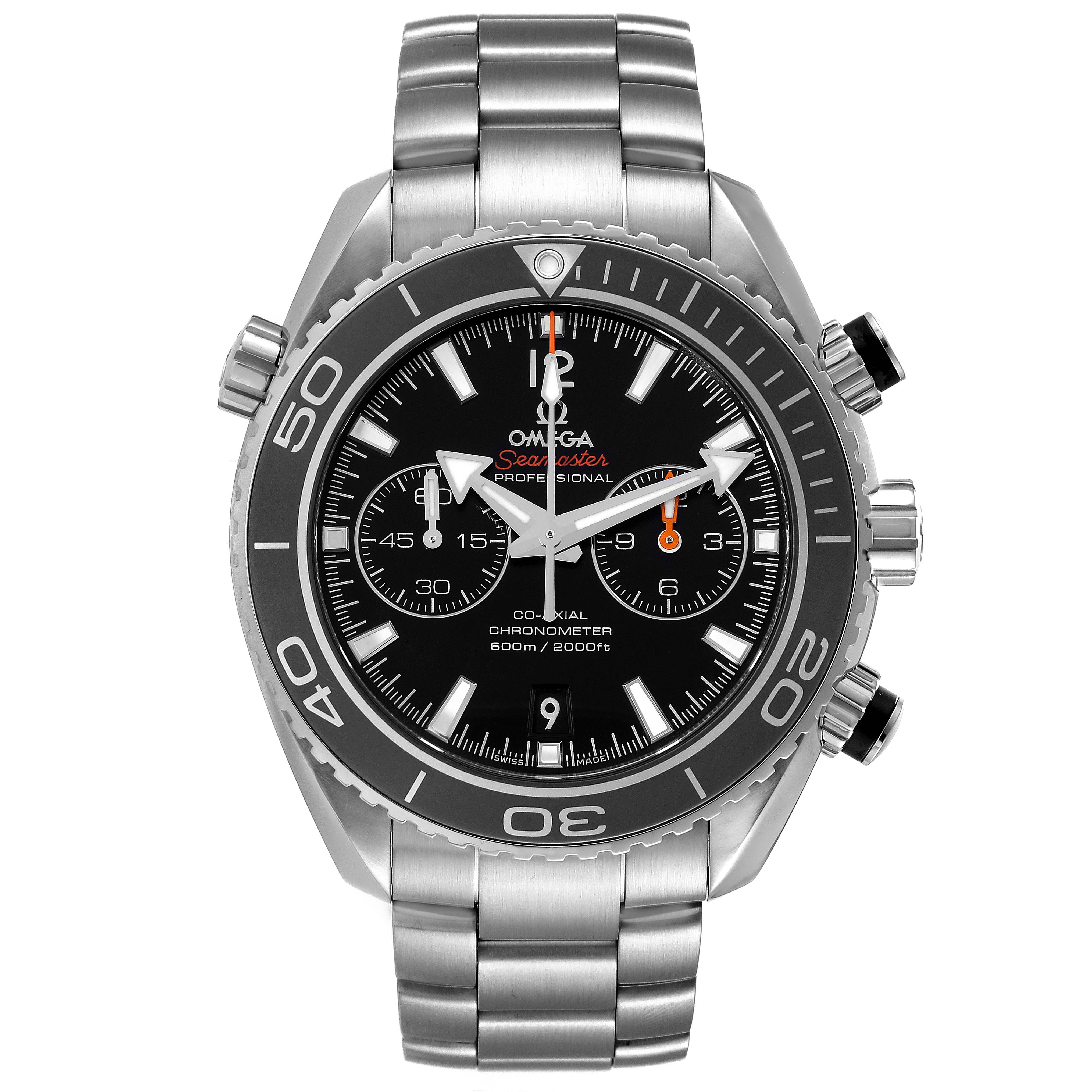 The image shows a front view of the Omega Planet Ocean 232.30.46.51.01.001 Men
s Stainless Steel Black Dial 232.30.46.51.01.001 Men
s Stainless Steel Black Dial watch, highlighting the dial, bezel, chronograph subdials, and stainless steel bracelet.