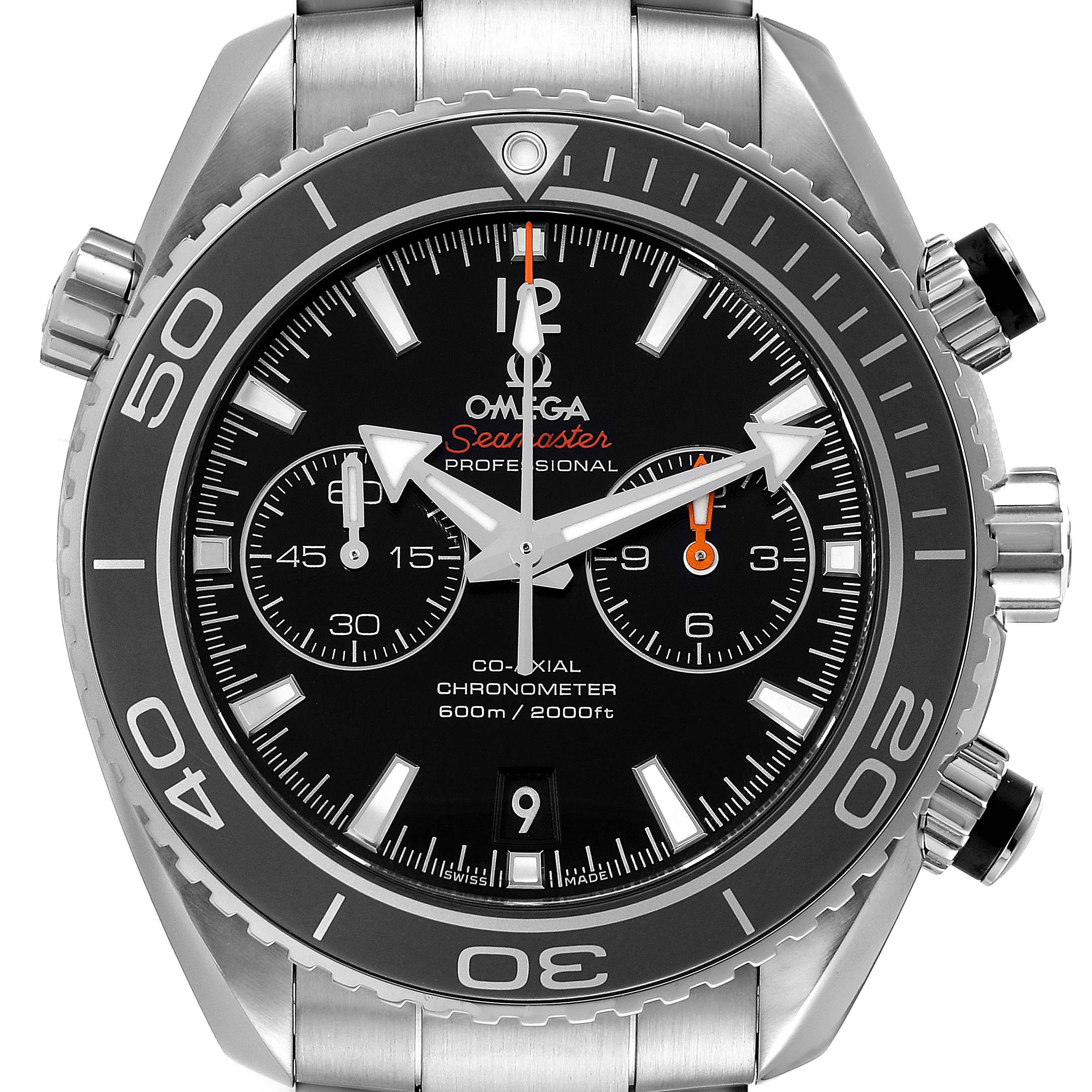 The image shows a front view of the Omega Planet Ocean 232.30.46.51.01.001 Men
s Stainless Steel Black Dial 232.30.46.51.01.001 Men
s Stainless Steel Black Dial watch, focusing on the dial, bezel, and part of the bracelet.