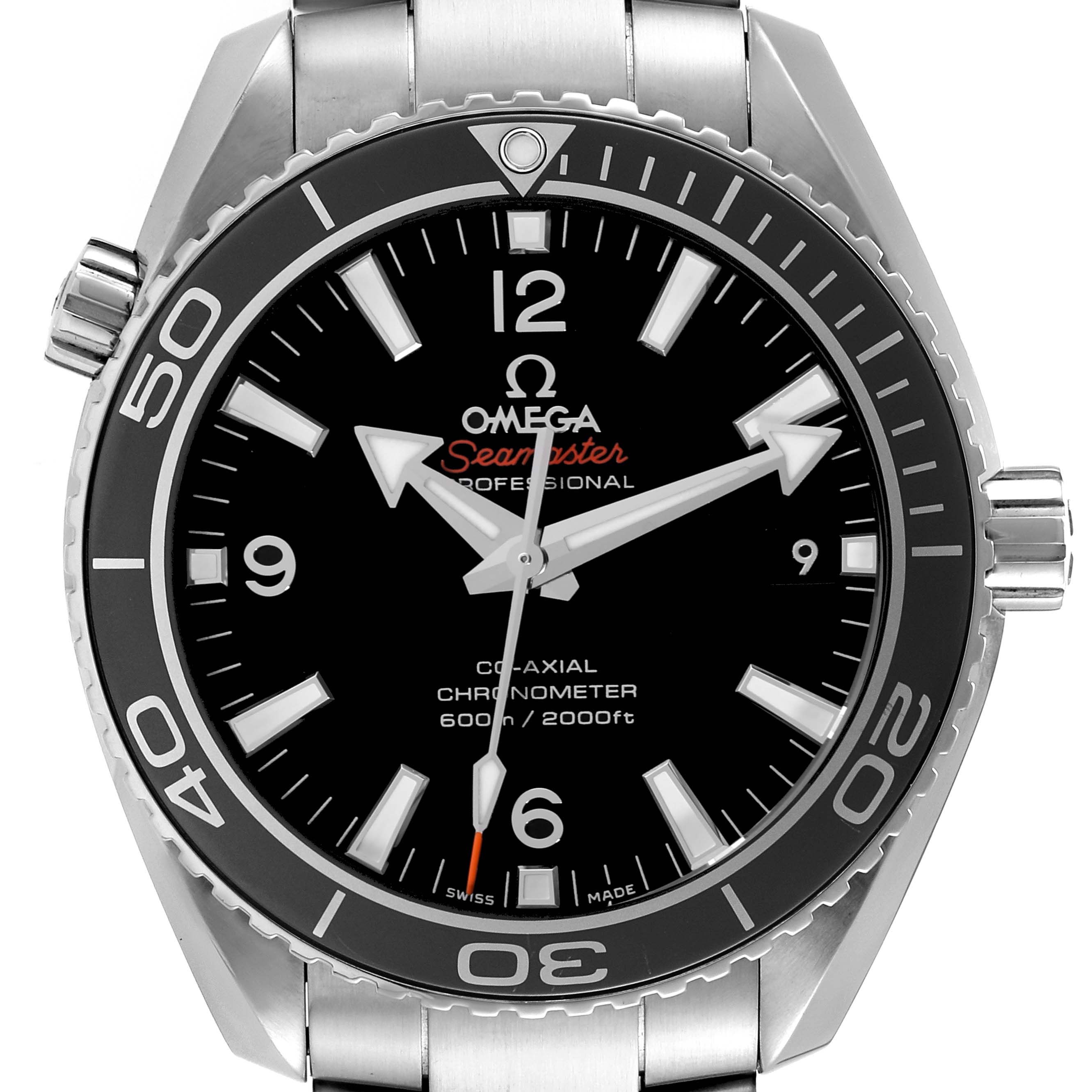 The image shows a front view of the Omega Planet Ocean 232.30.42.21.01.003 Men
s Stainless Steel Black Dial 232.30.42.21.01.003 Men
s Stainless Steel Black Dial watch, highlighting its dial, bezel, and part of the metal bracelet.