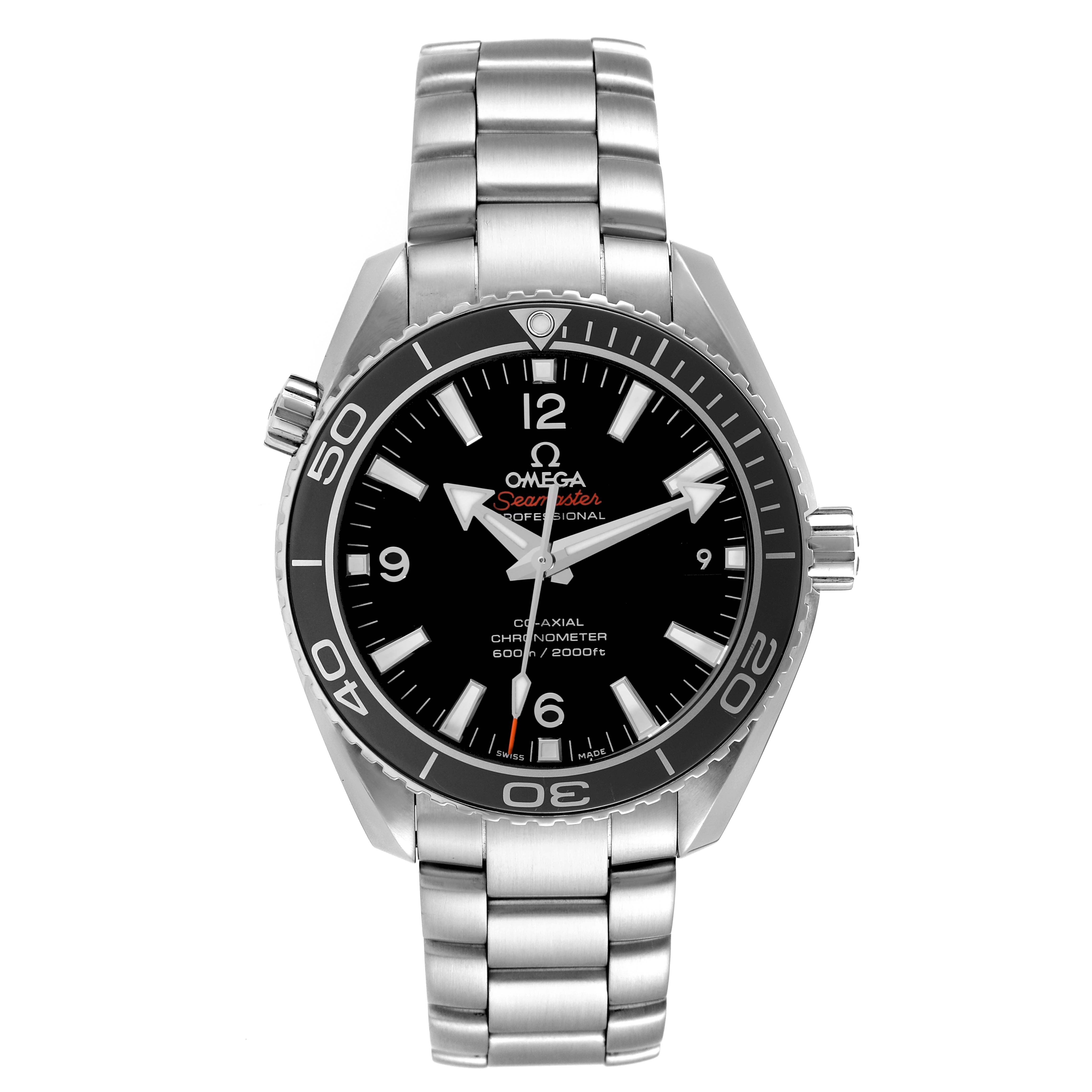 The image shows a front view of the Omega Planet Ocean 232.30.42.21.01.003 Men
s Stainless Steel Black Dial 232.30.42.21.01.003 Men
s Stainless Steel Black Dial watch, highlighting the dial, bezel, and stainless steel band.