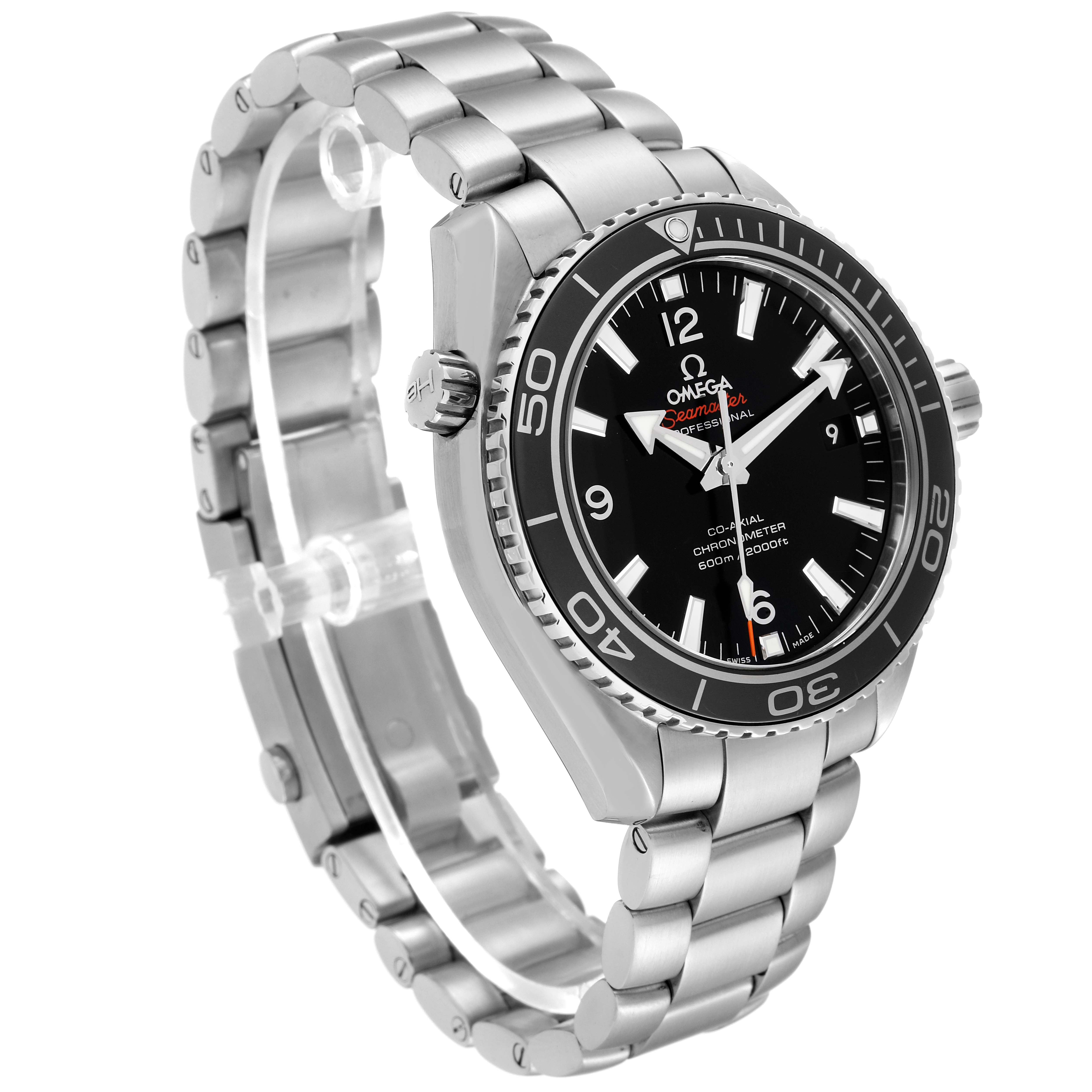 The Omega Planet Ocean 232.30.42.21.01.003 Men
s Stainless Steel Black Dial 232.30.42.21.01.003 Men
s Stainless Steel Black Dial watch is shown at a three-quarter angle displaying its bezel, dial, crown, and metal bracelet.