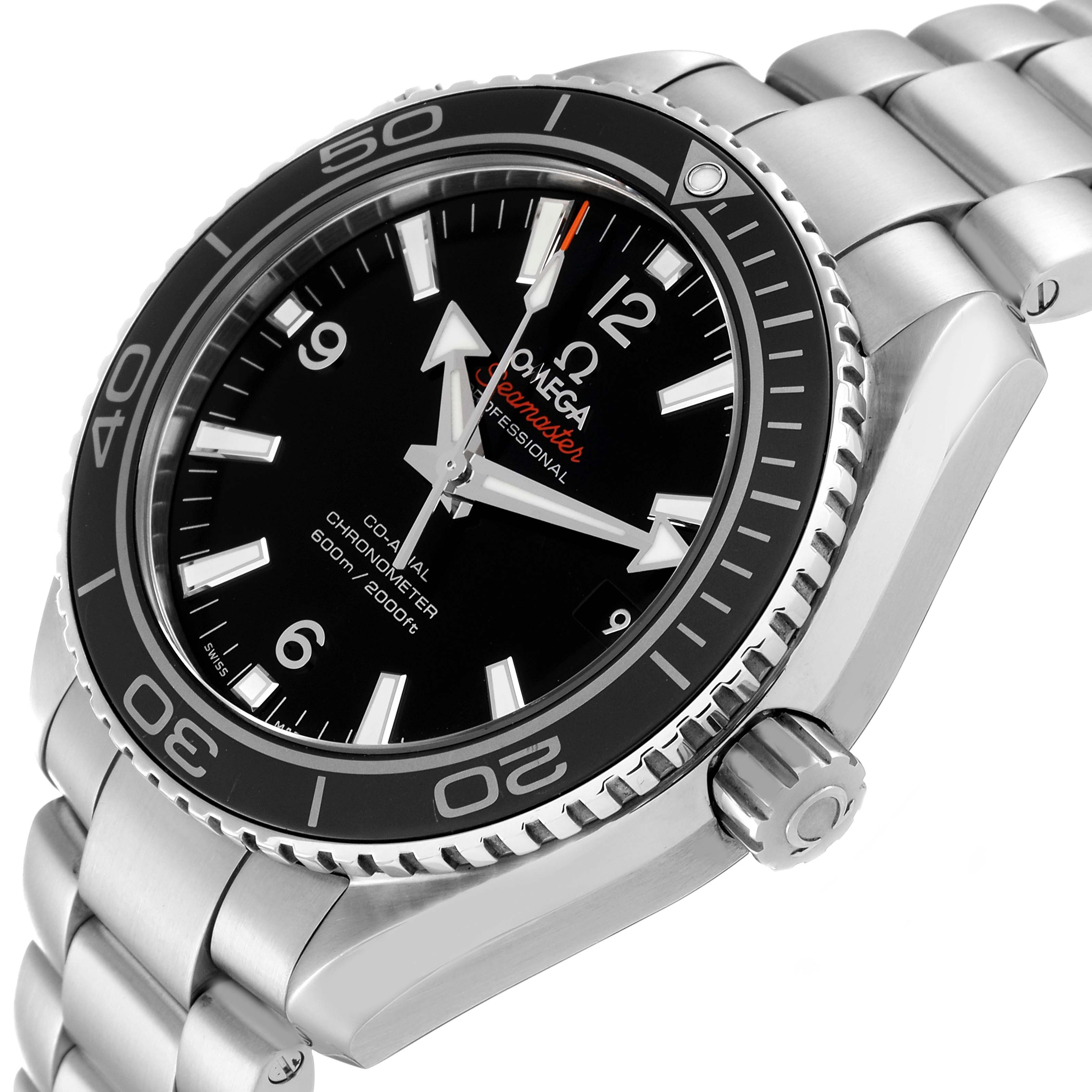 The image shows a side and front view of the Omega Planet Ocean 232.30.42.21.01.003 Men
s Stainless Steel Black Dial 232.30.42.21.01.003 Men
s Stainless Steel Black Dial model, highlighting its bezel, dial, and crown.