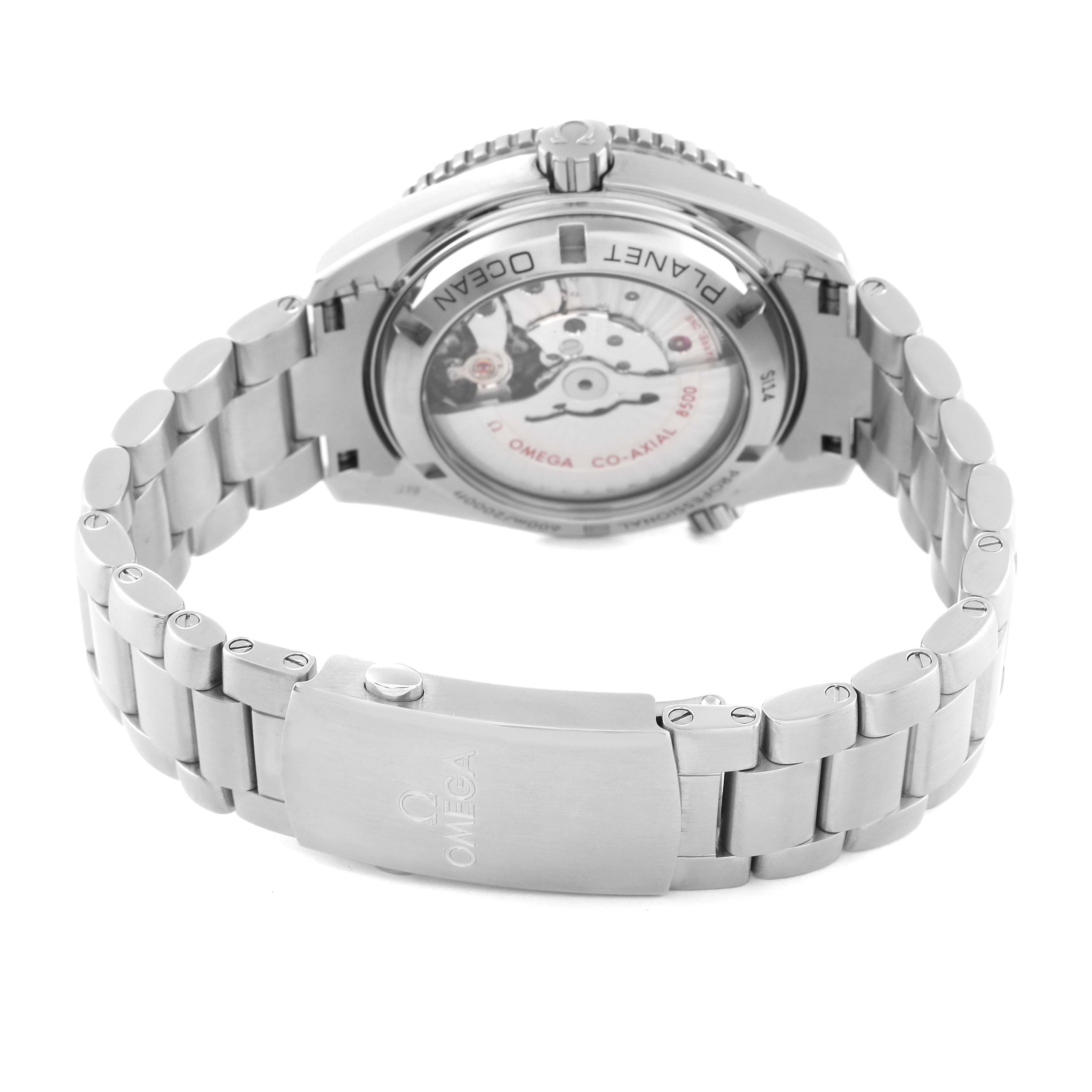 The image shows the back view of the Omega Planet Ocean 232.30.42.21.01.003 Men
s Stainless Steel Black Dial 232.30.42.21.01.003 Men
s Stainless Steel Black Dial watch, including its case back and stainless steel bracelet.