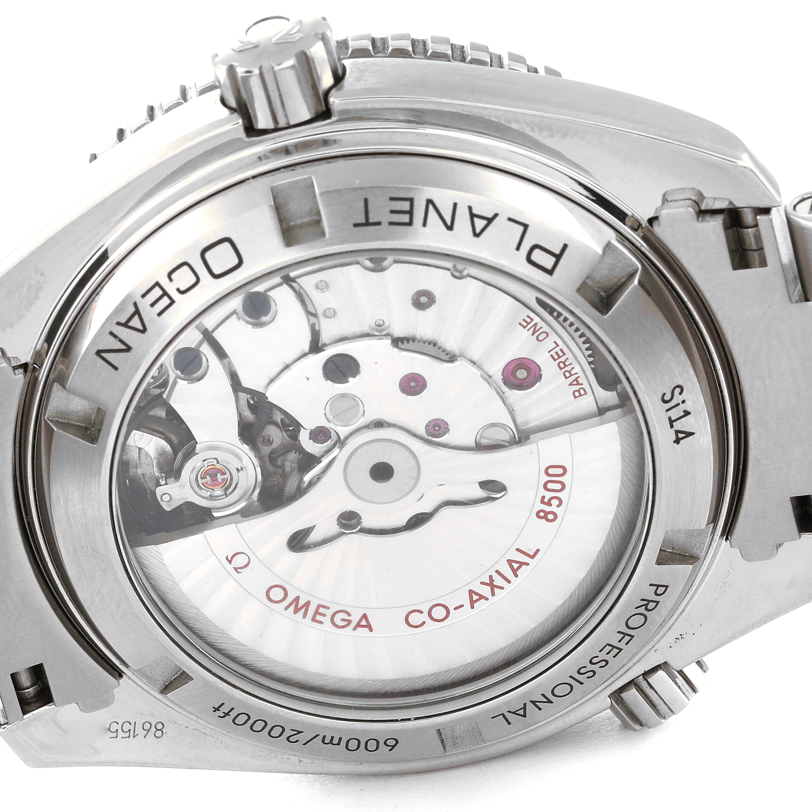 This image shows the back of the Omega Planet Ocean 232.30.42.21.01.003 Men
s Stainless Steel Black Dial 232.30.42.21.01.003 Men
s Stainless Steel Black Dial watch, highlighting its Co-Axial 8500 movement through a transparent case back.