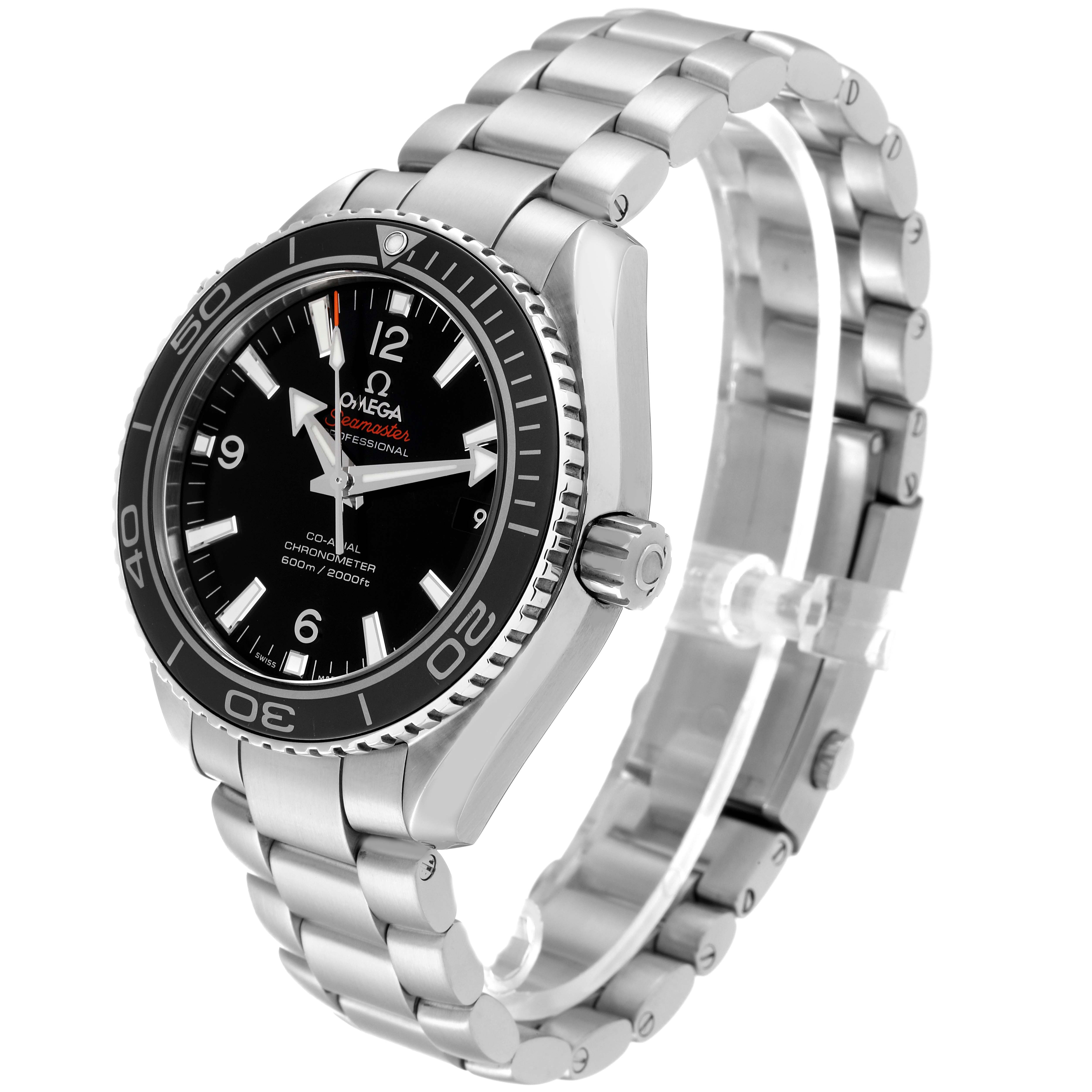 The image shows a side and angled view of the Omega Planet Ocean 232.30.42.21.01.003 Men
s Stainless Steel Black Dial 232.30.42.21.01.003 Men
s Stainless Steel Black Dial watch, highlighting its bezel, dial, and stainless steel bracelet.