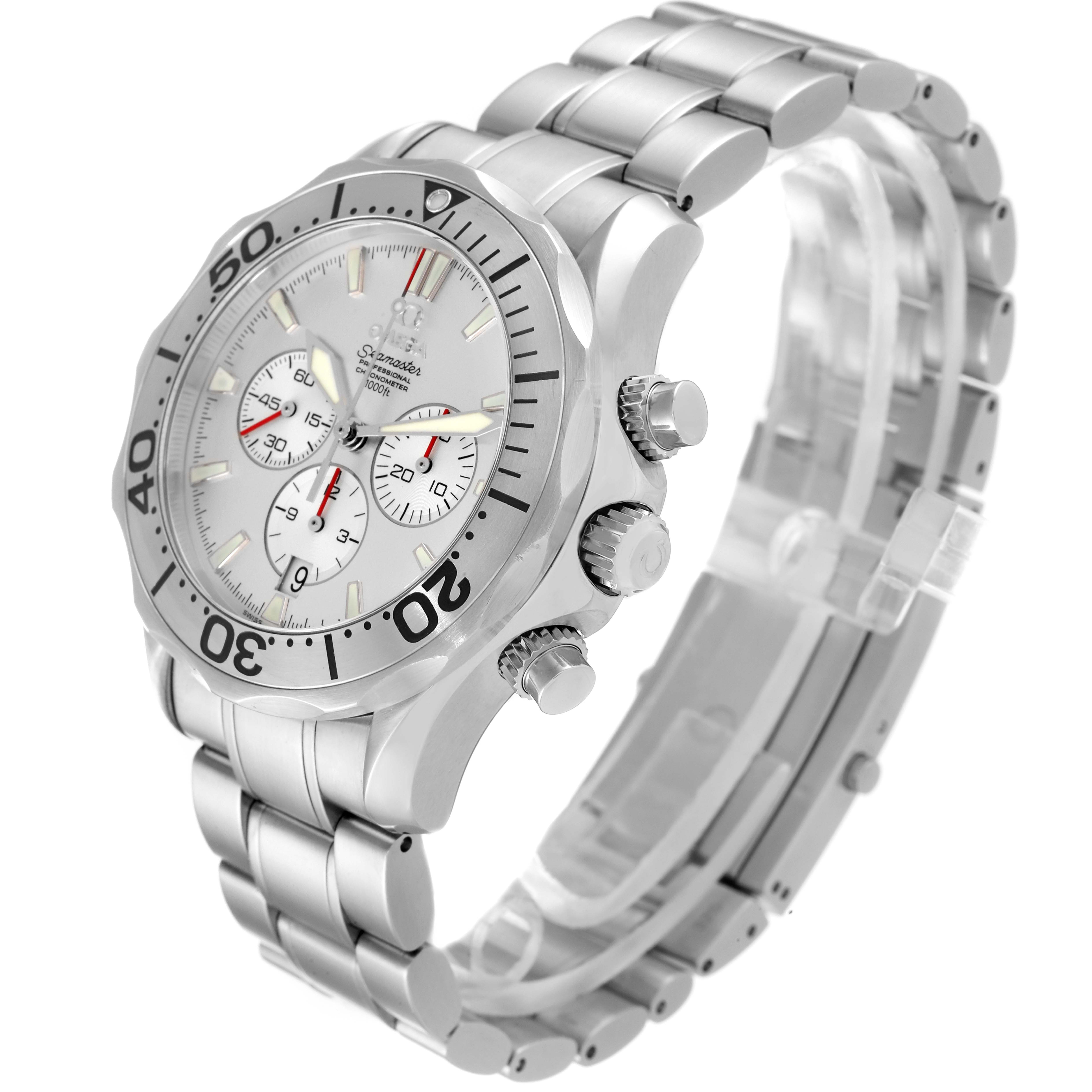 The Omega Seamaster 2589.30.00 Men's Stainless Steel Silver Dial 2589.30.00 Men's Stainless Steel Silver Dial watch is shown at a slight side angle, displaying its bezel, dial, chronograph buttons, and stainless steel bracelet.