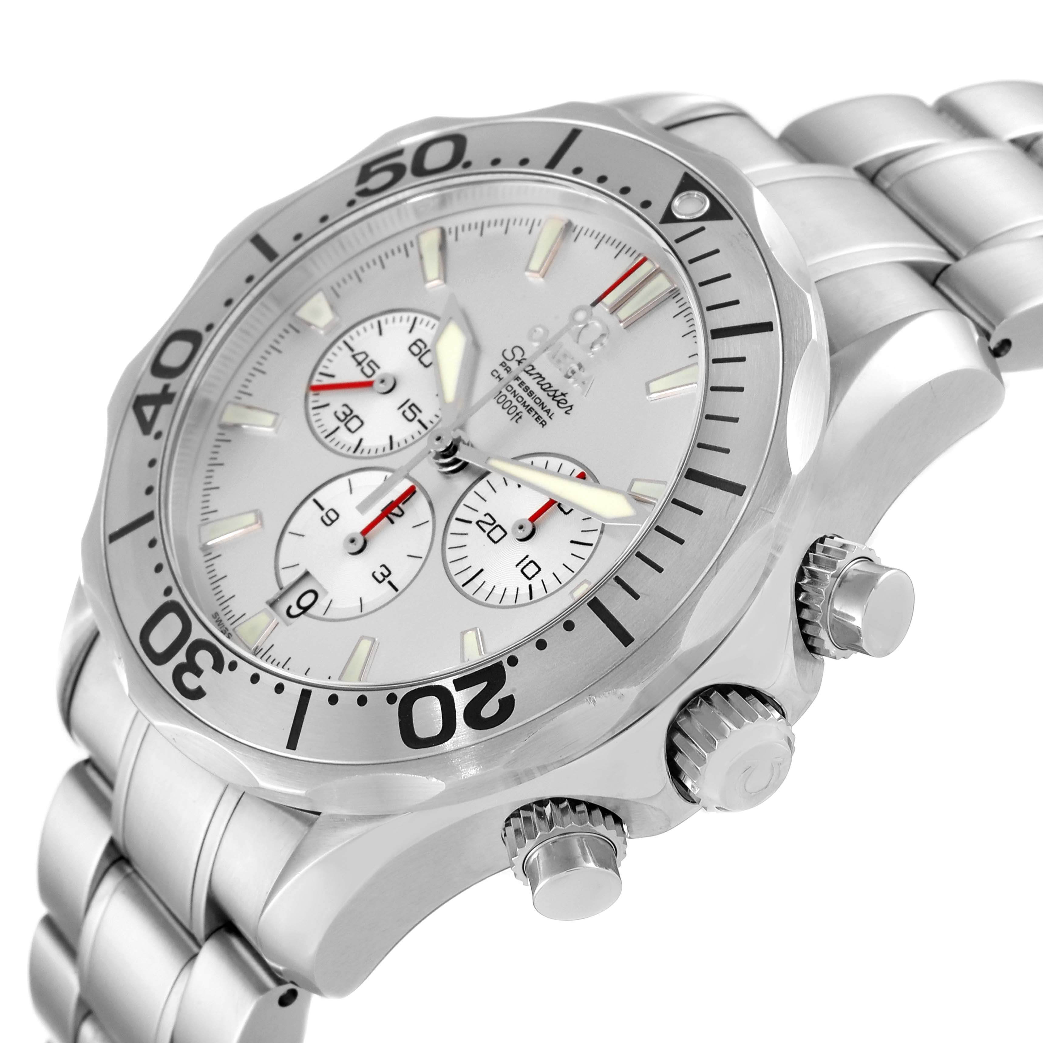 The image shows the Omega Seamaster 2589.30.00 Men's Stainless Steel Silver Dial 2589.30.00 Men's Stainless Steel Silver Dial watch at an oblique angle showcasing the dial, bezel, pushers, and part of the bracelet.