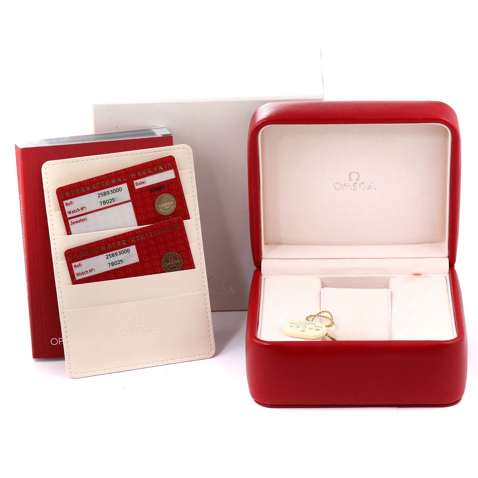 The image shows an Omega Seamaster 2589.30.00 Men's Stainless Steel Silver Dial 2589.30.00 Men's Stainless Steel Silver Dial watch box, warranty cards, and a red storage case, all at a front angle.