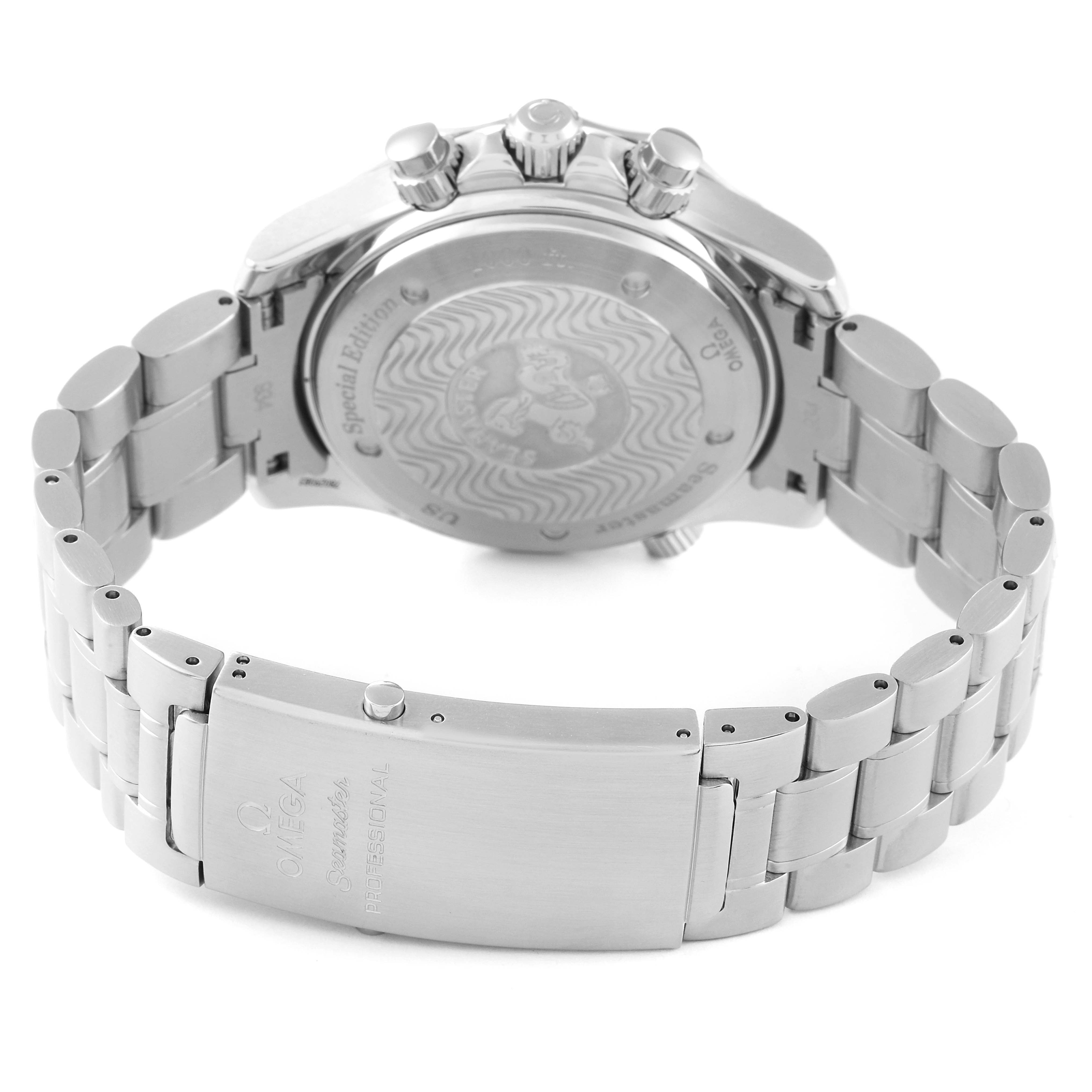 The image shows the back view of an Omega Seamaster 2589.30.00 Men's Stainless Steel Silver Dial 2589.30.00 Men's Stainless Steel Silver Dial watch, displaying the case back and metal bracelet with the clasp.