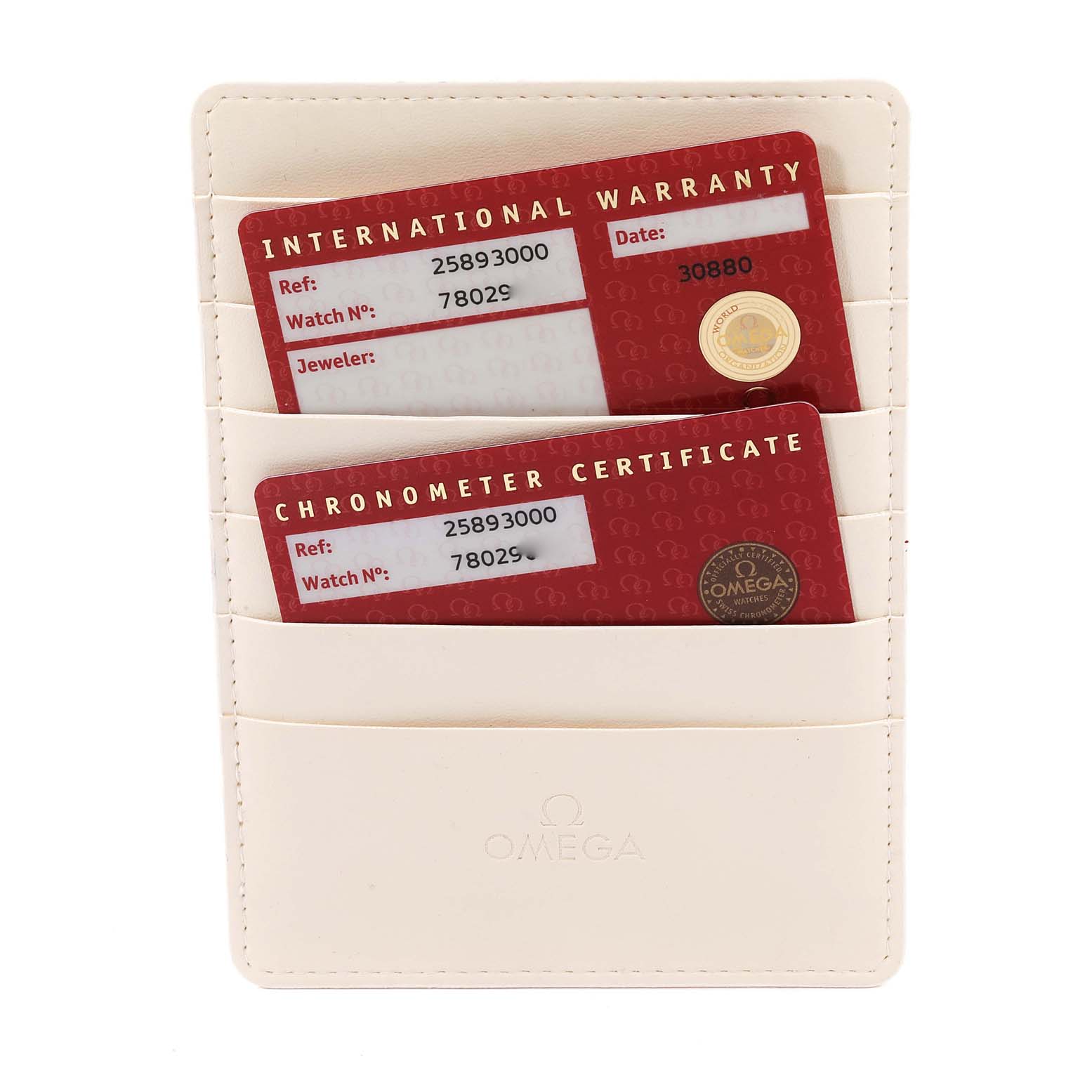 The image shows the international warranty and chronometer certificate cards for an Omega Seamaster 2589.30.00 Men's Stainless Steel Silver Dial 2589.30.00 Men's Stainless Steel Silver Dial, placed in a white cardholder.